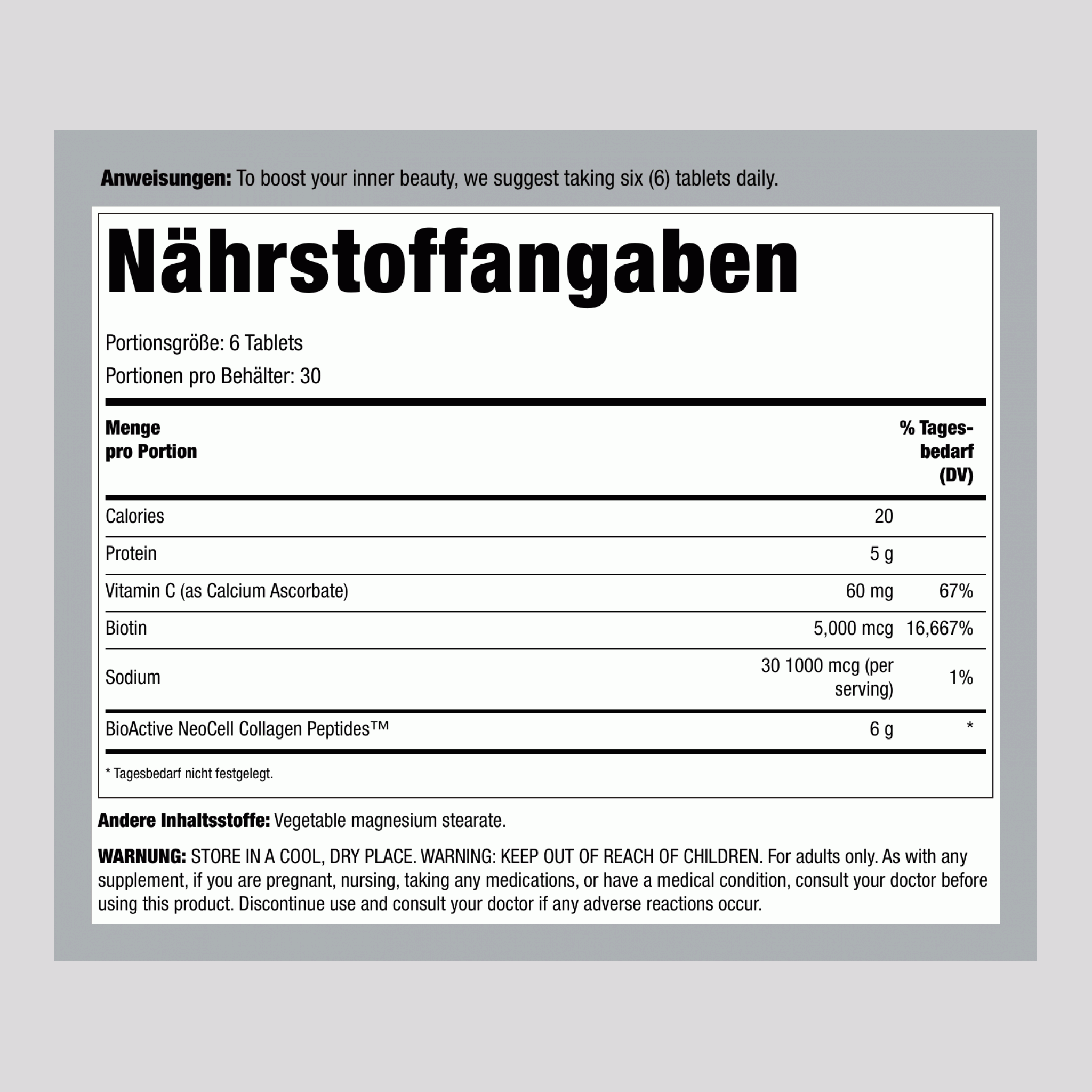 Grasgefütterte Kollagenpeptide + C & Biotin, 180 Tabletten