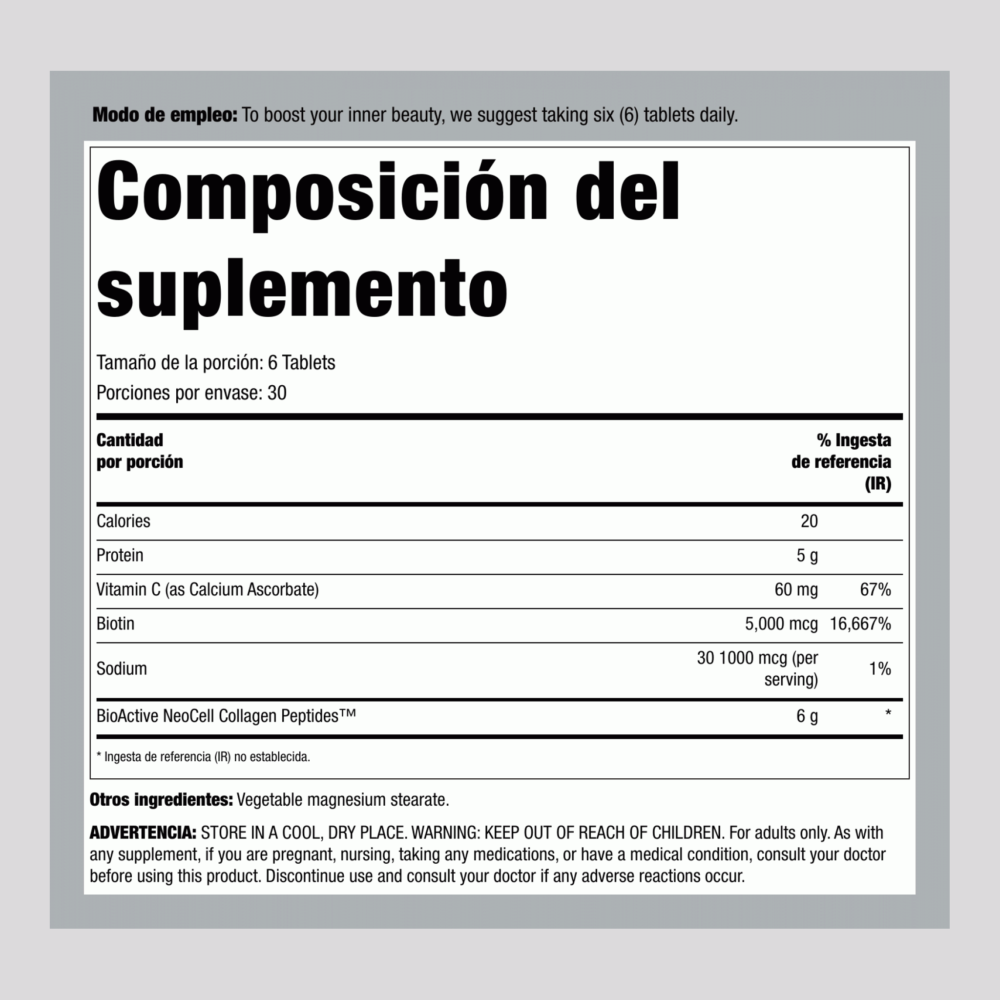 Péptidos de Colágeno de Pasto + C y Biotina, 180 Tabletas