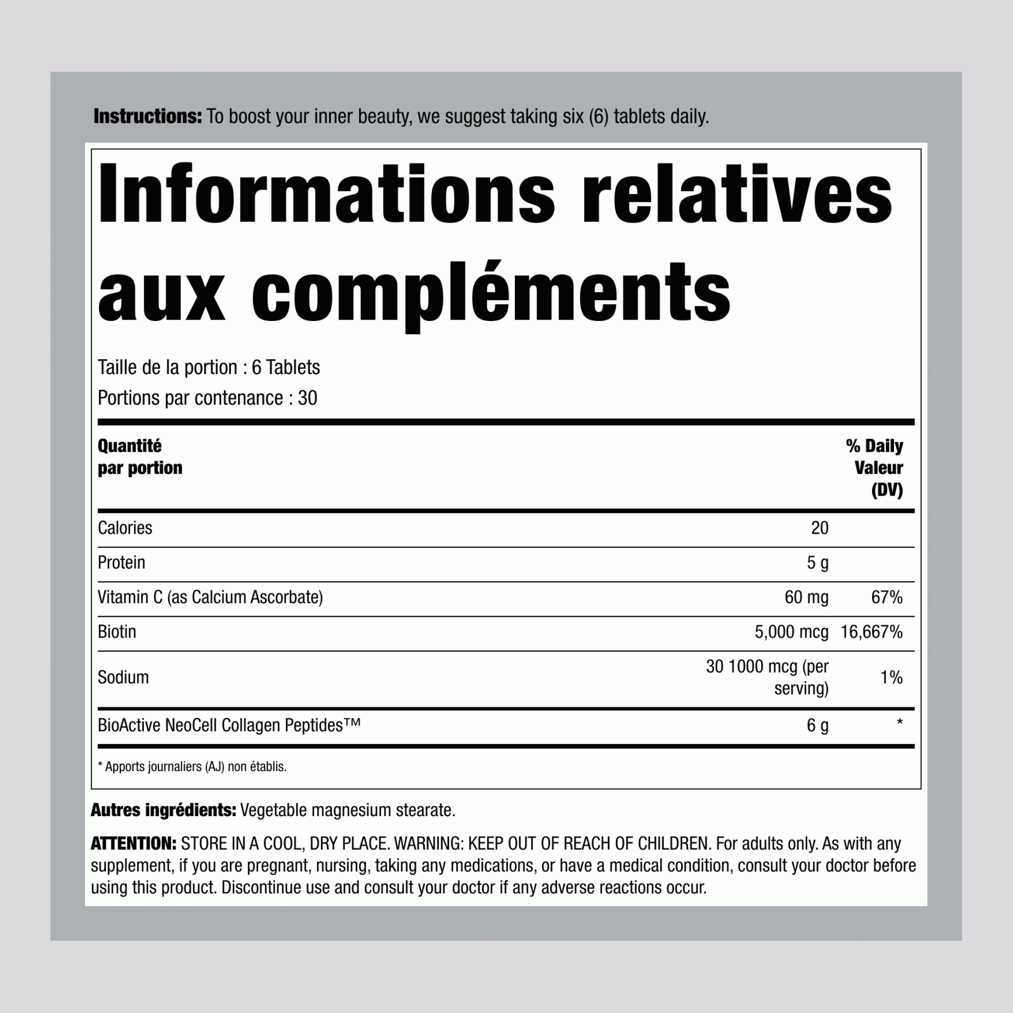 Peptides de Collagène Nourri à l'Herbe + C & Biotine, 180 Comprimés