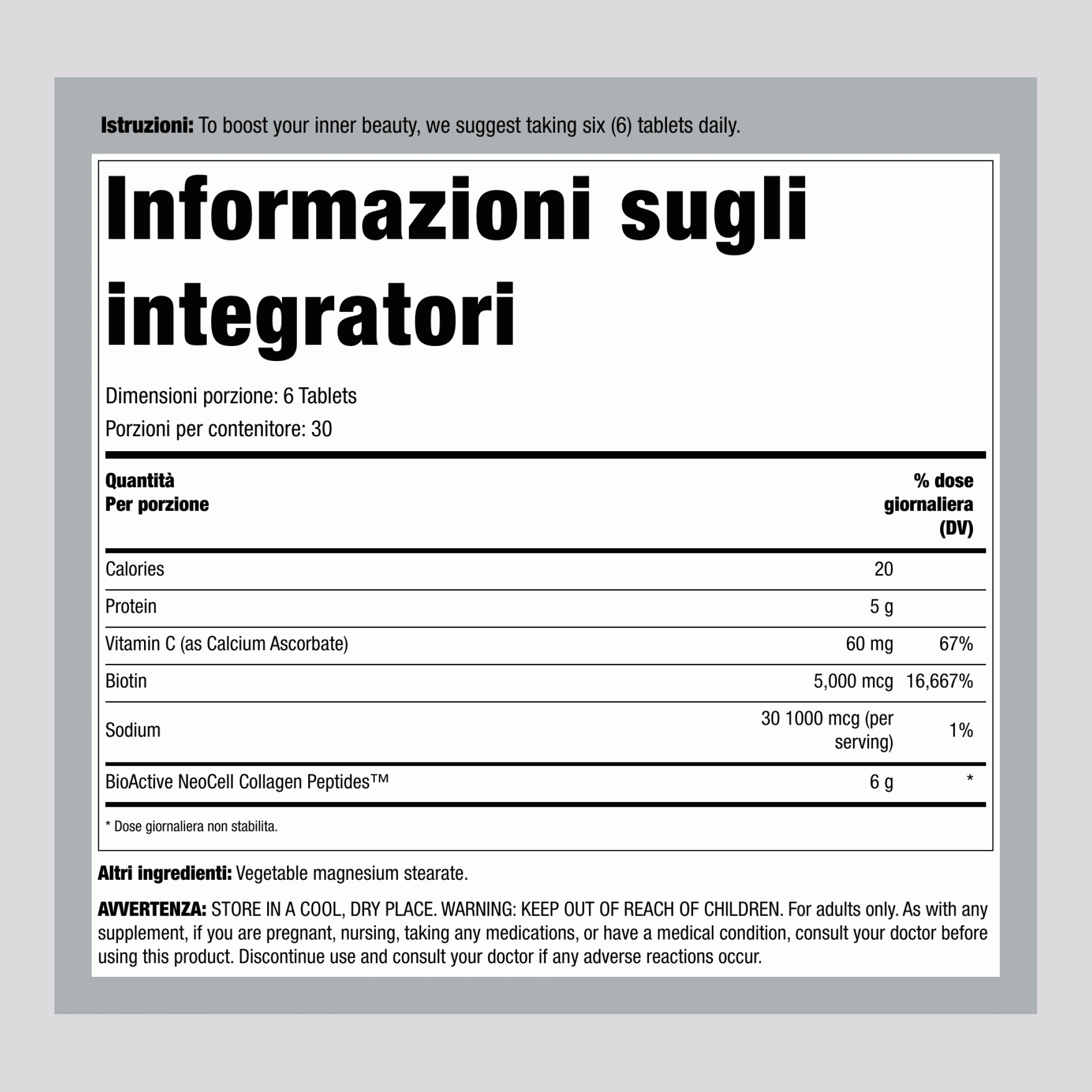 Peptidi di Collagene Grassfed + C e Biotina, 180 Compresse