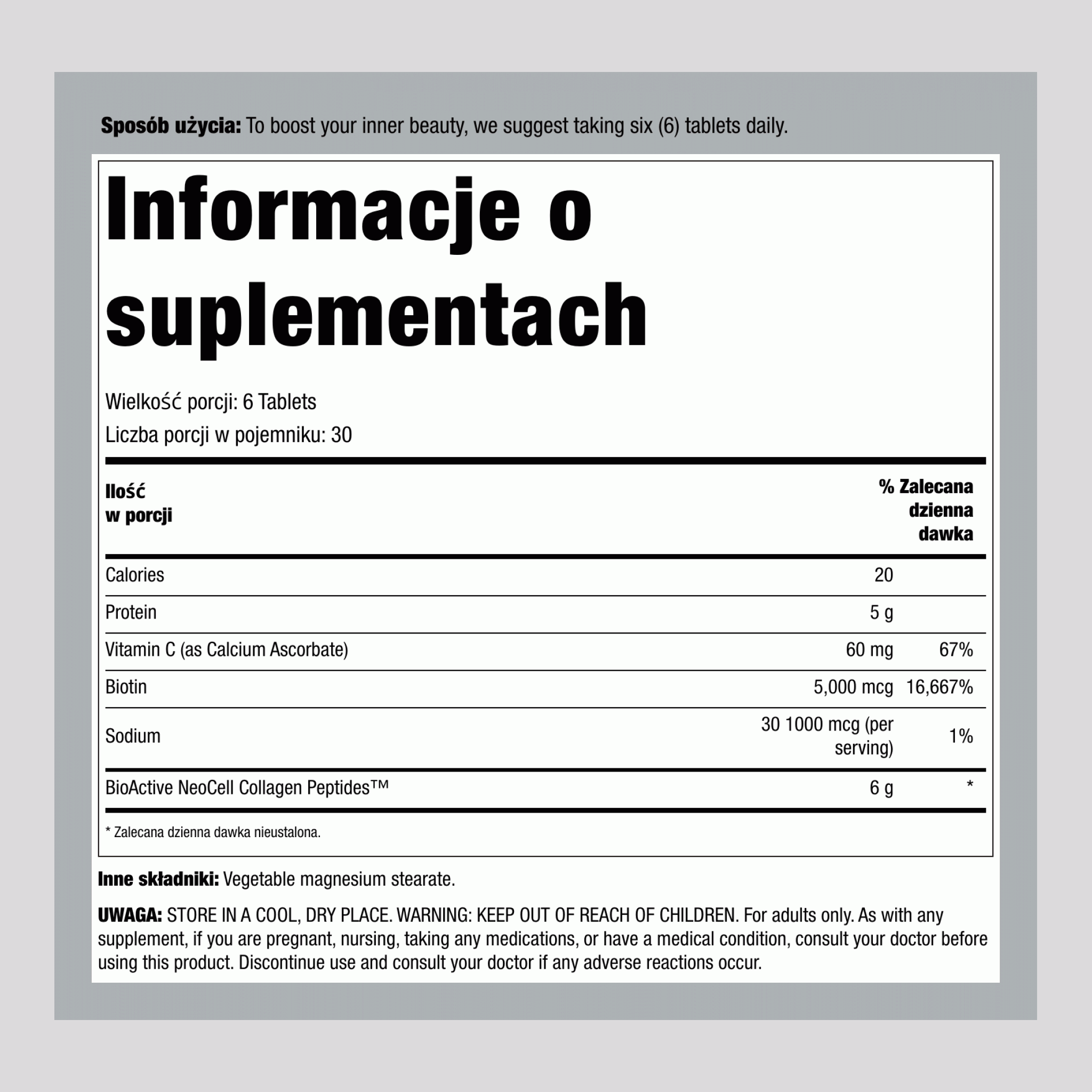 Kolagen Peptydowy z Trawieniem + Witamina C i Biotyna, 180 tabletek