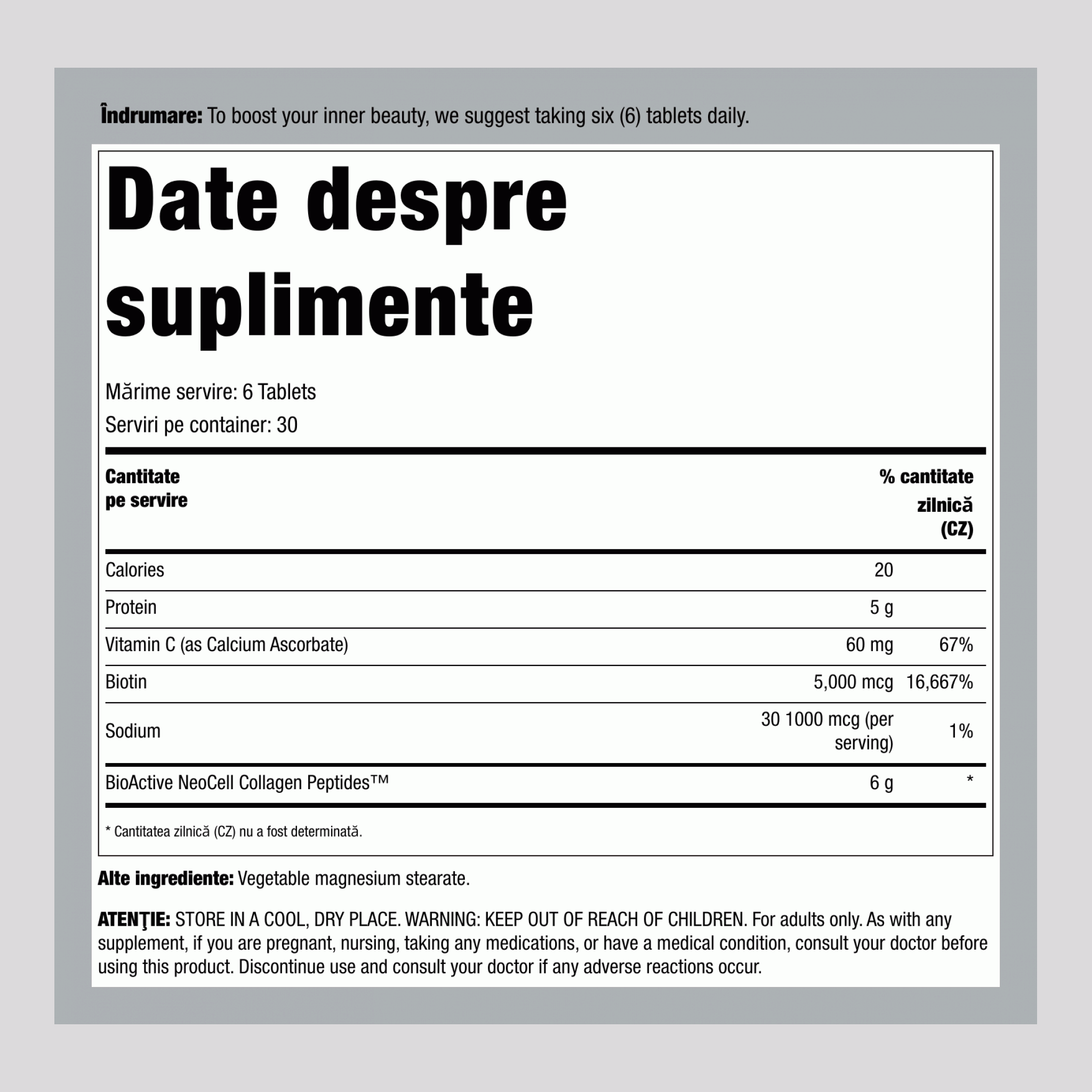 Colagen Peptidic din Carne de Vită + C & Biotină, 180 Tablete