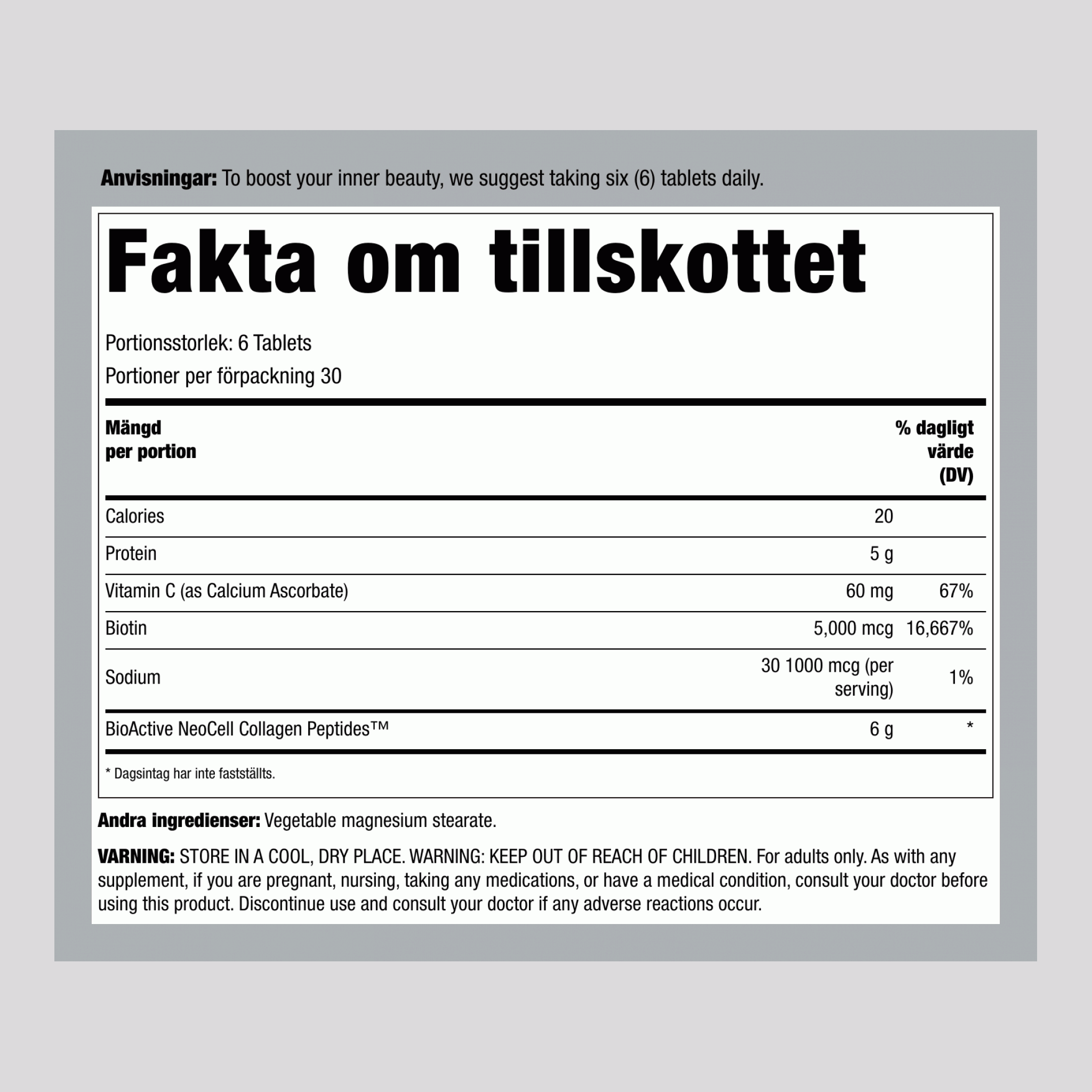 Gräsbetade Kollagenpeptider + C & Biotin, 180 Tabletter