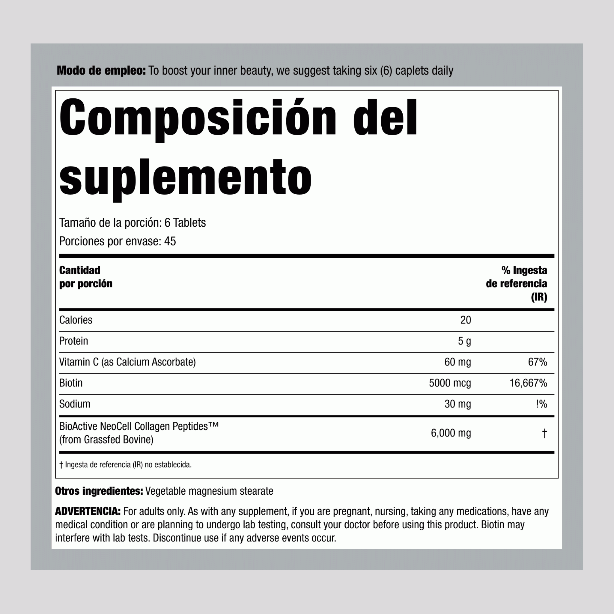 Péptidos de Colágeno de Pastura + C y Biotina, 270 Comprimidos
