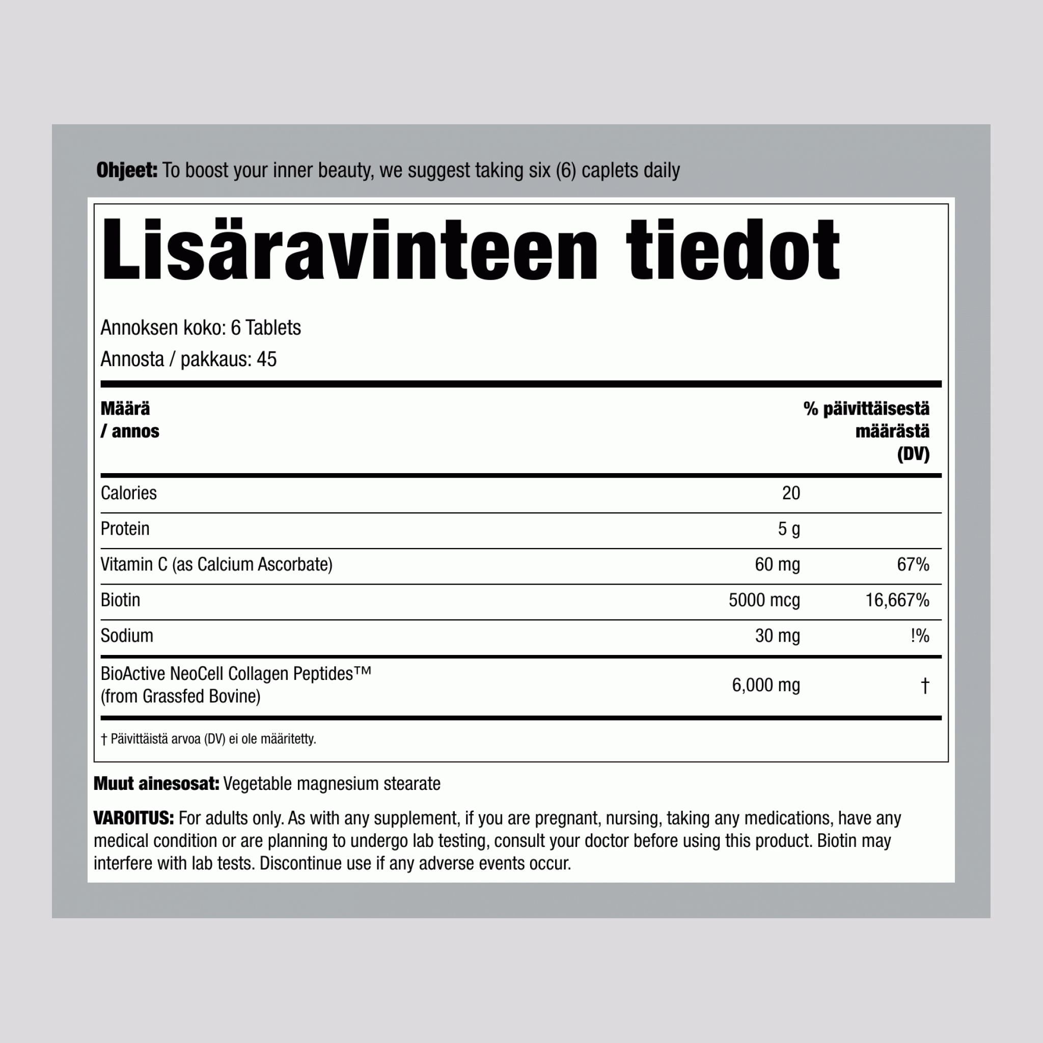 Ruoholla ruokitut kollageenipeptidit + C & Biotiini, 270 tablettia
