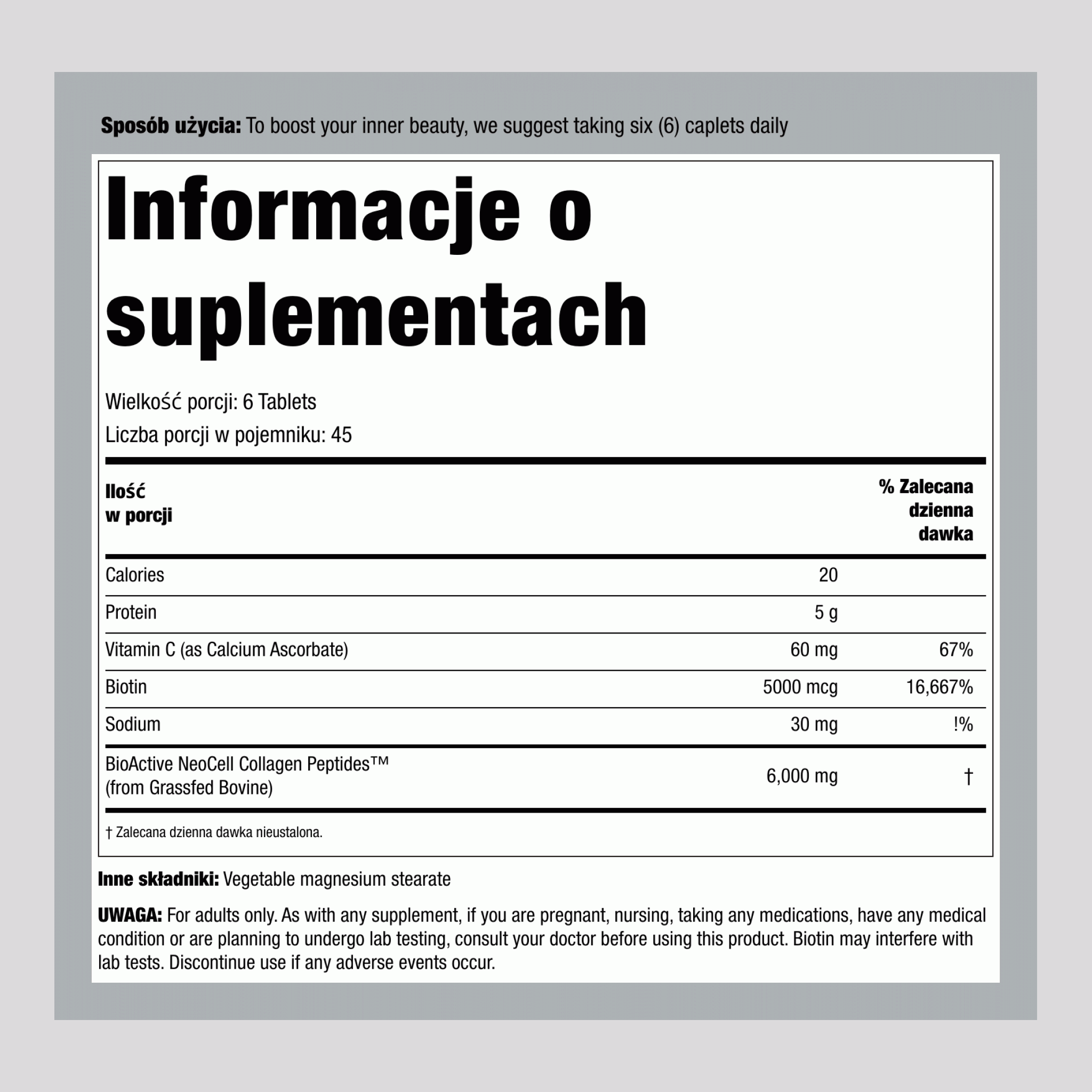 Peptydy Kolagenowe z Trawioną Trawą + C i Biotyna, 270 Tabletek