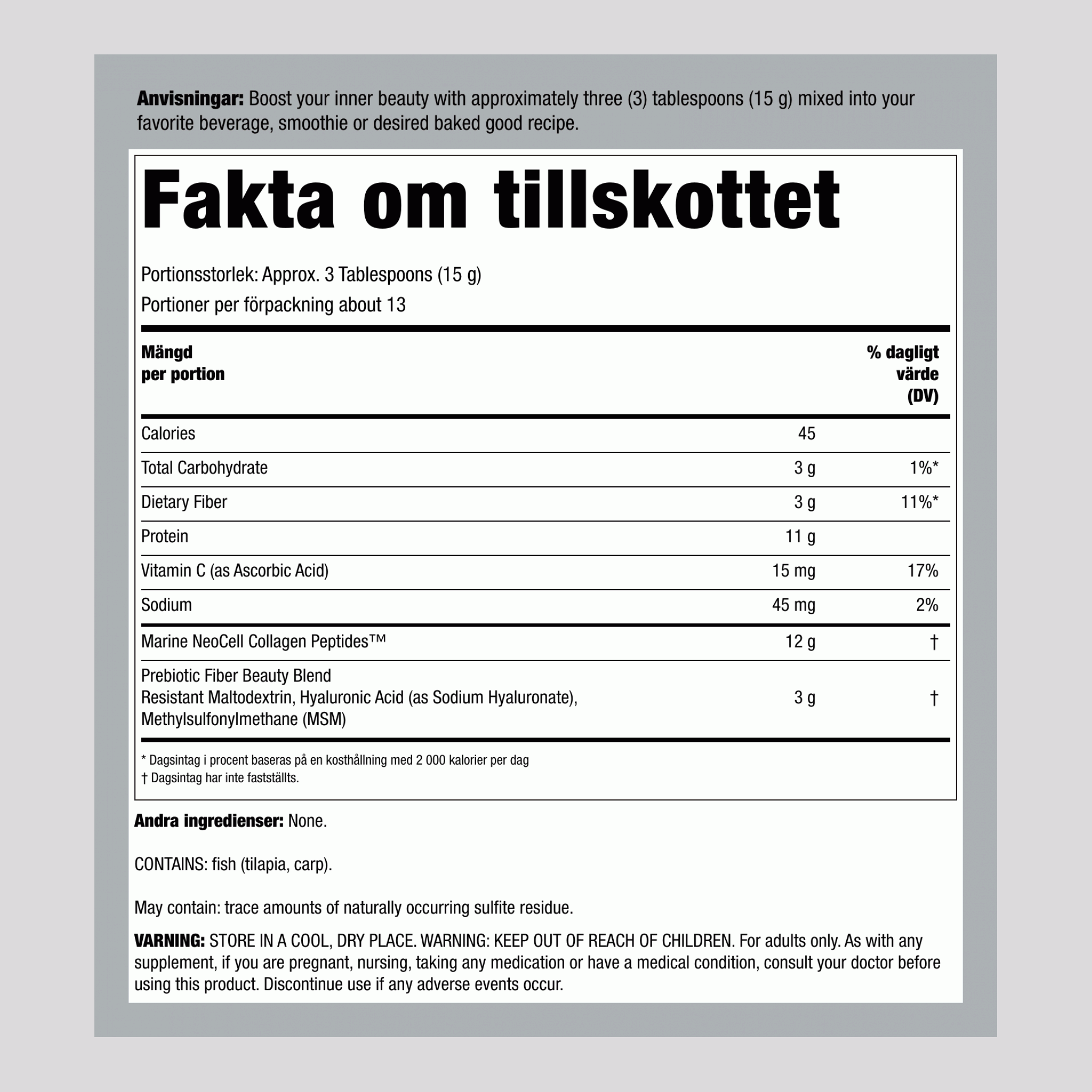 Marint kollagenpeptider + hyaluronsyra, MSM & C-pulver, 200 g pulver (7 oz)