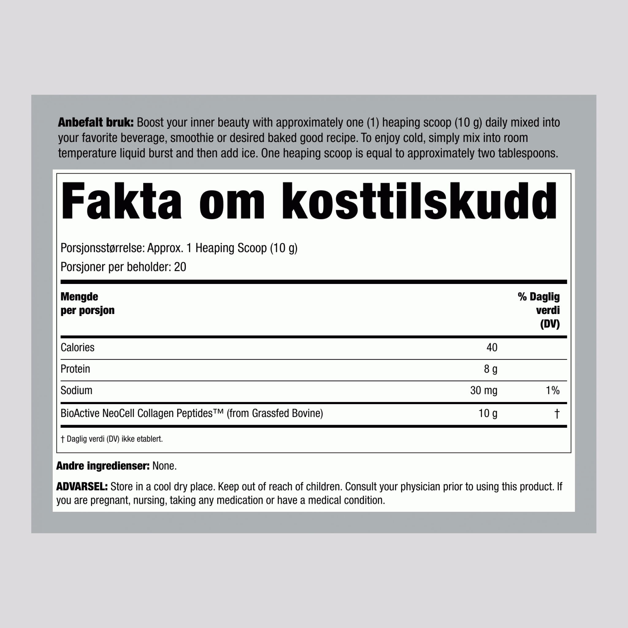 Kollagenpeptider 10 gram Stickpakker, 20 Stickpakker