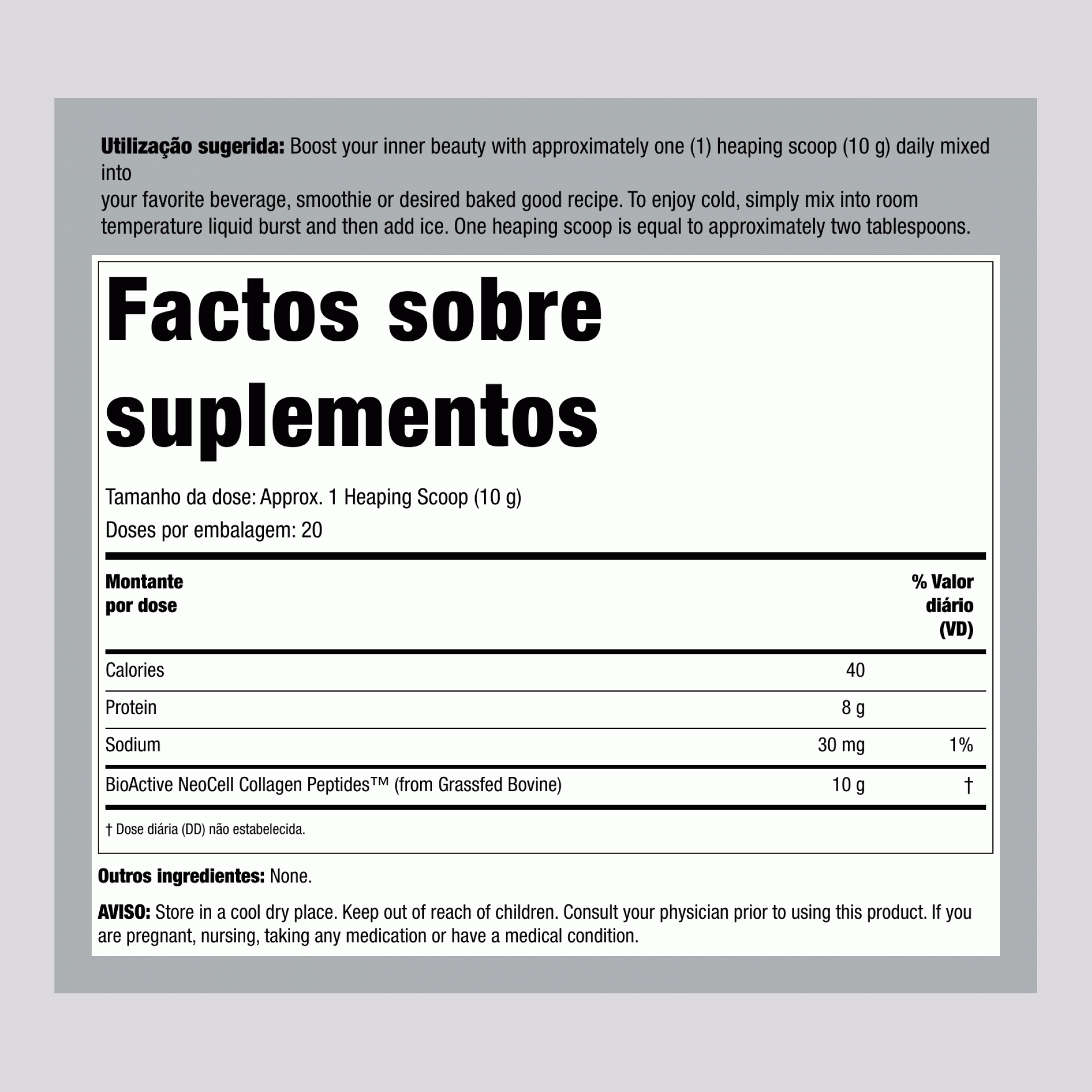 Pós de Colágeno Peptídeos 10 gramas Stick Packs, 20 Stick Packs