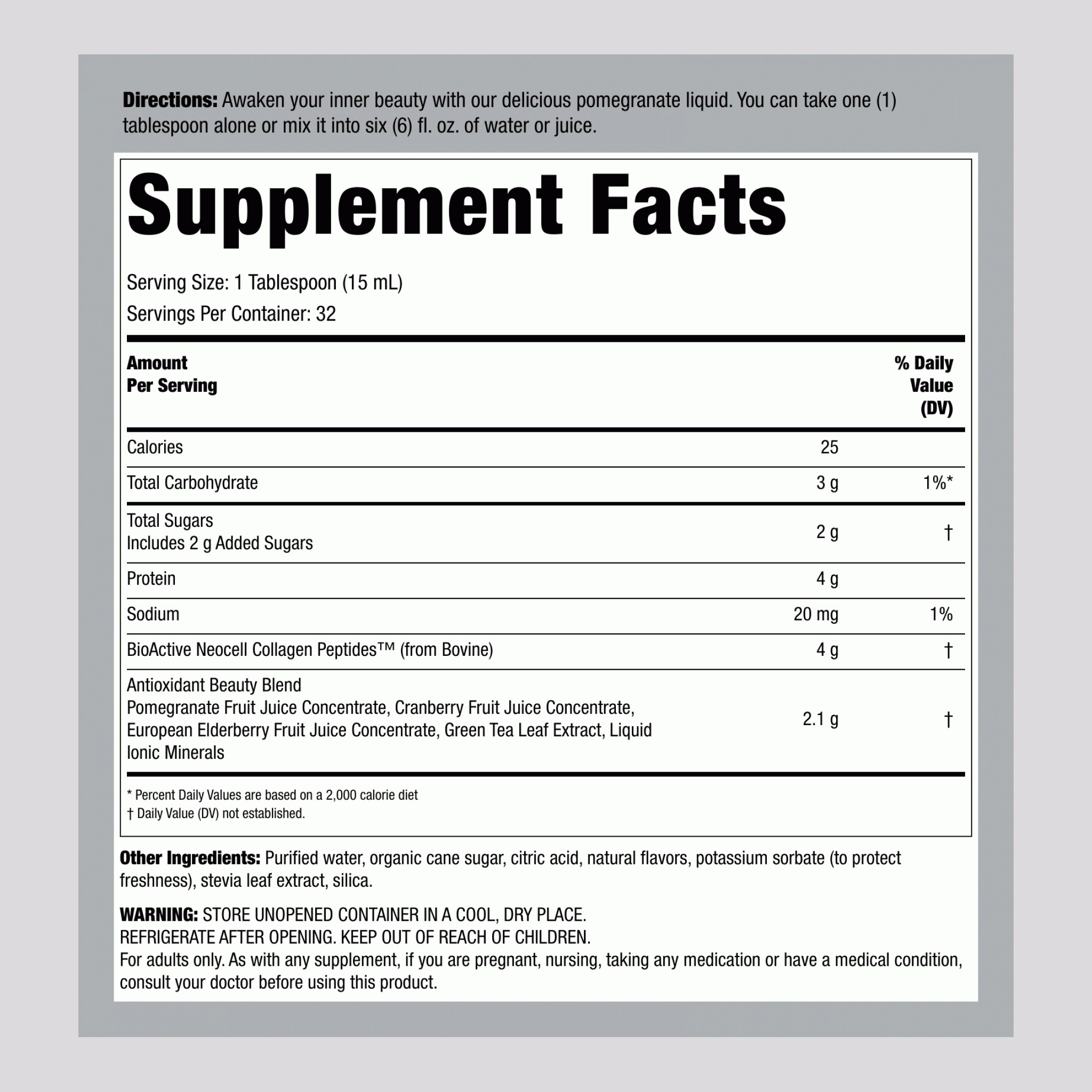 Collagen Liquid, 16 FL OZ Pomegranate Flavor