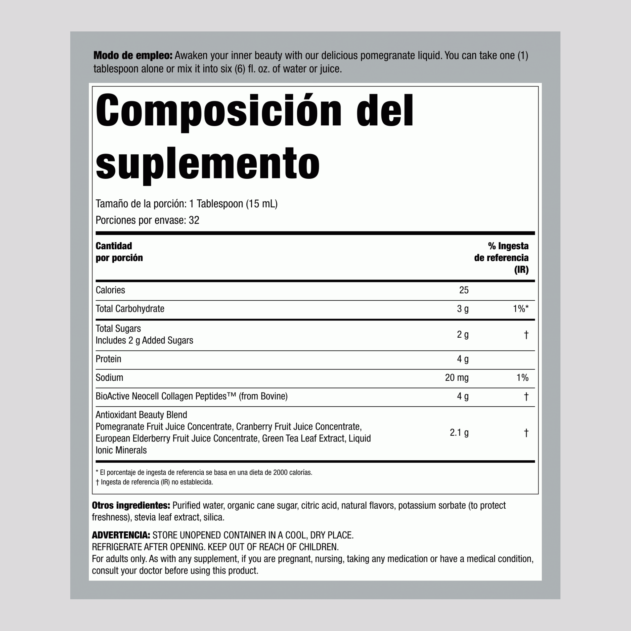 Colágeno Líquido, 16 fl oz Sabor Granada