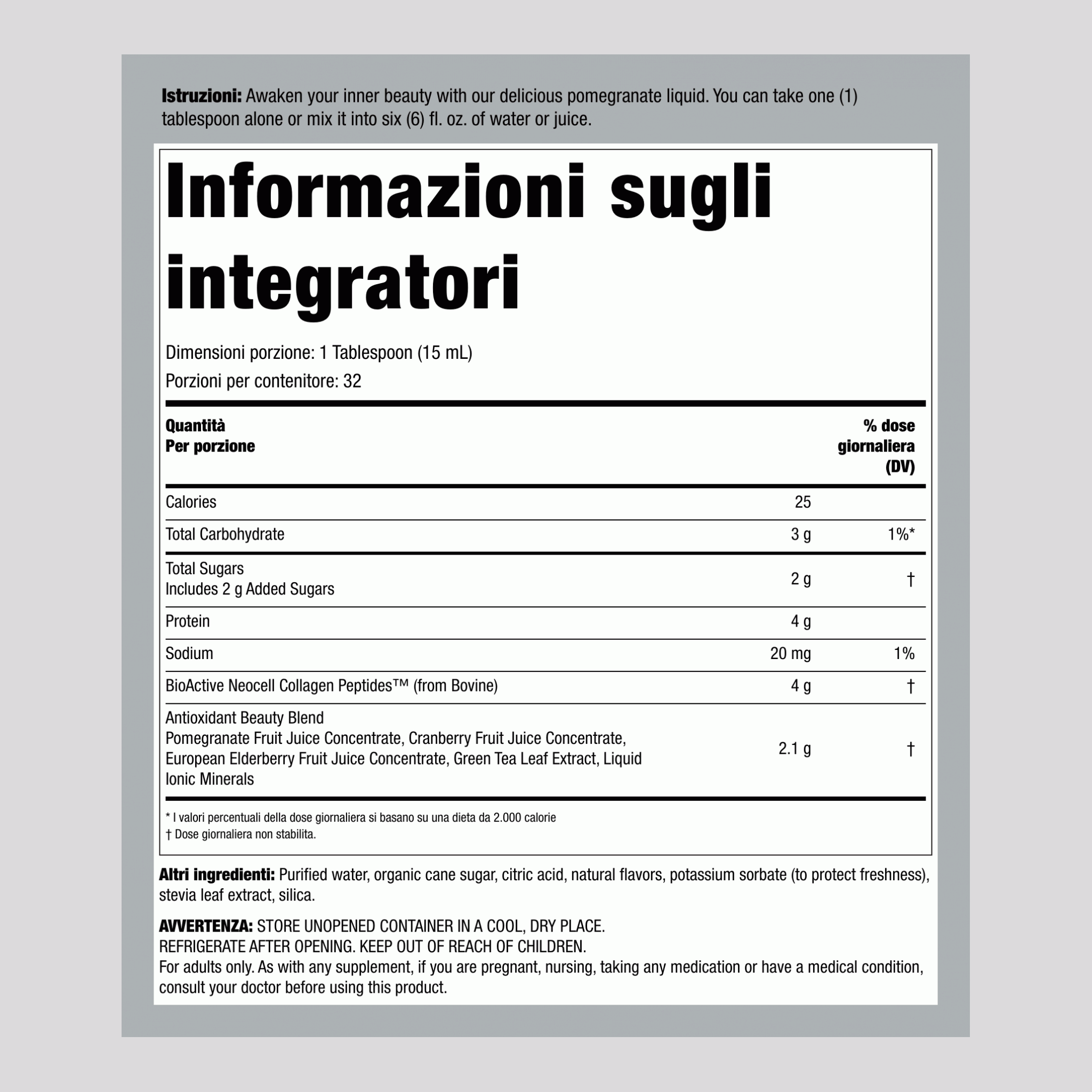 Collagene Liquido, 16 fl oz Sapore Melograno
