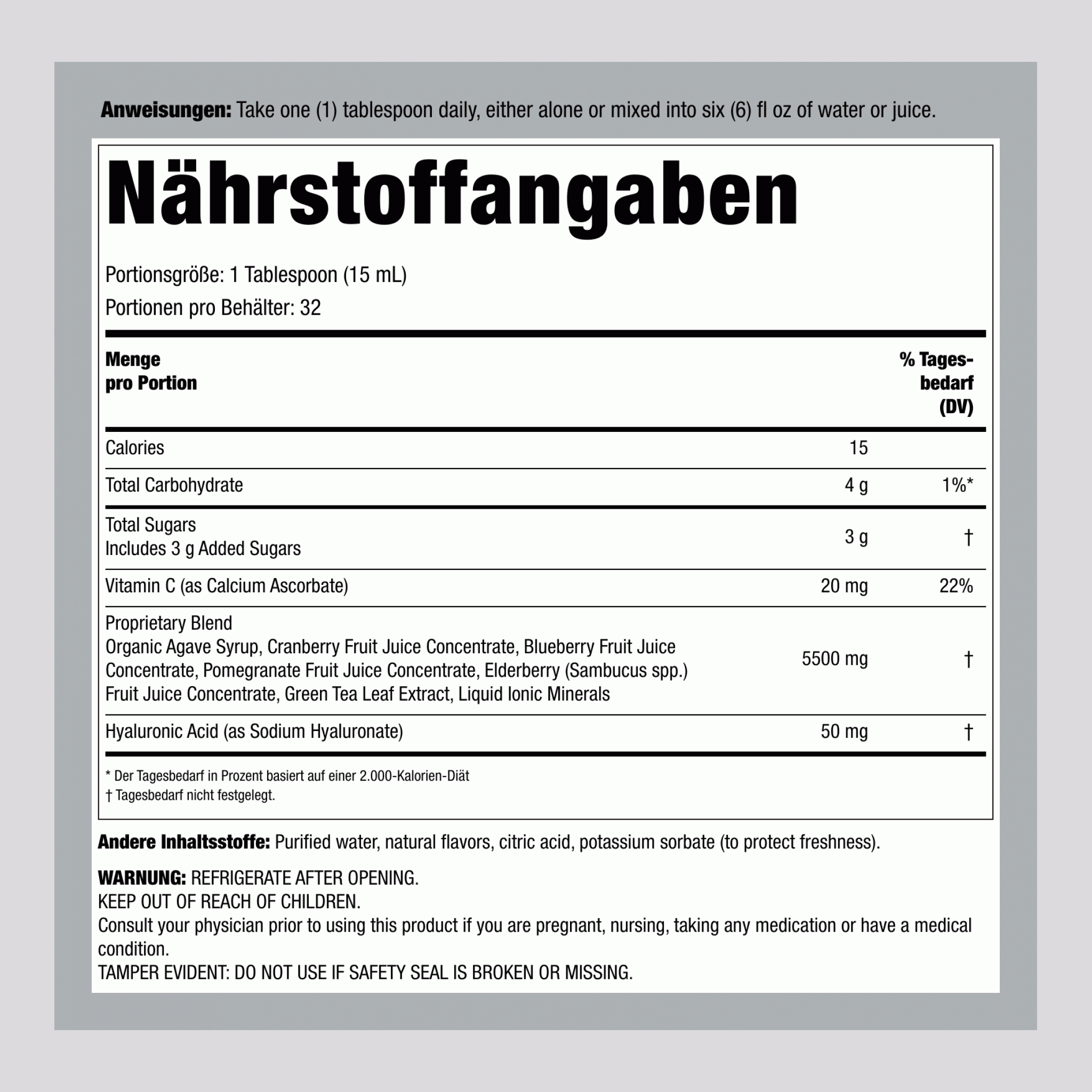 Hyaluronsäure 100 mg plus C Flüssigkeit Blaubeergeschmack, 473 ml (16 fl oz) Flasche