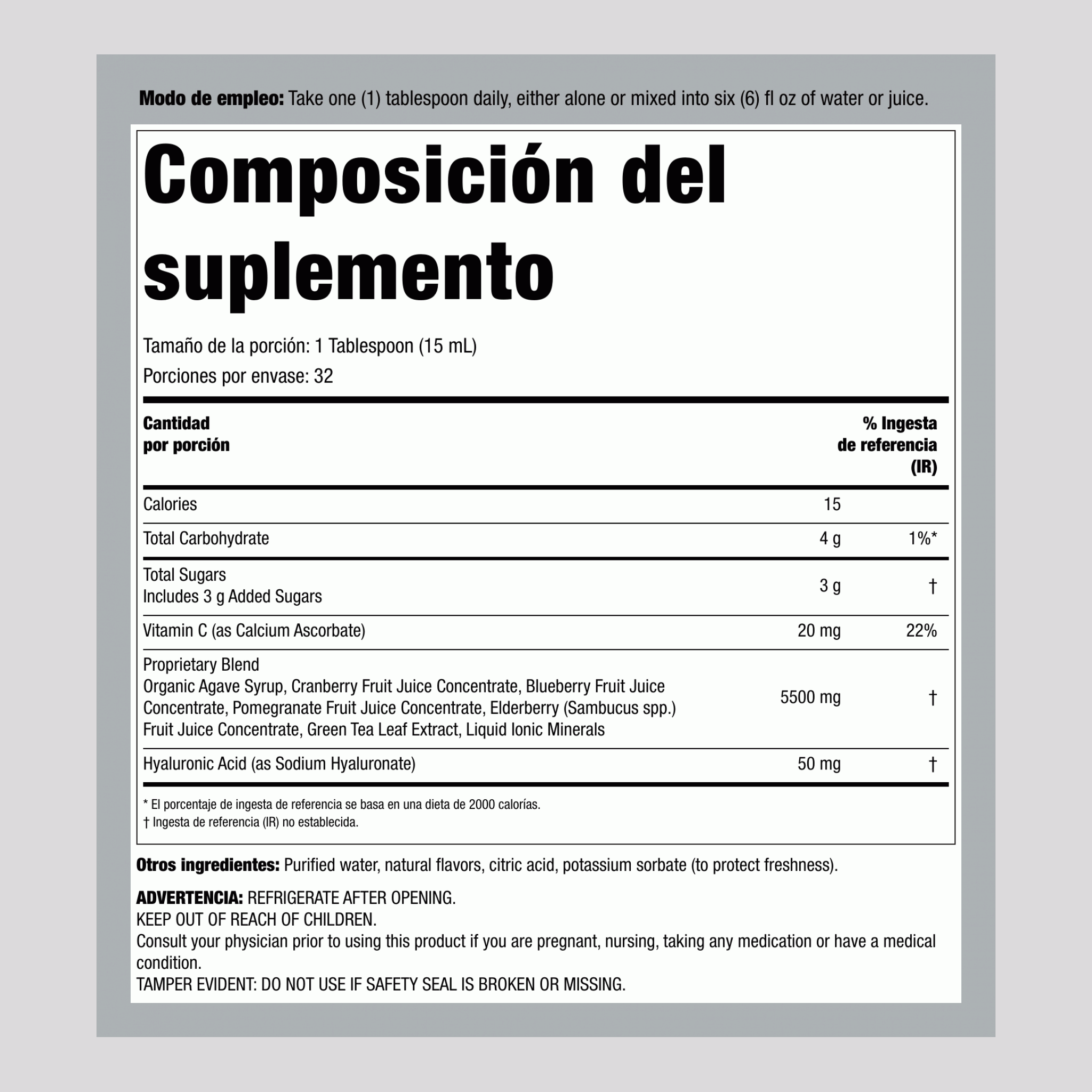 Ácido Hialurónico 100 mg más C Líquido Sabor Arándano, Botella de 16 fl oz (473 mL)