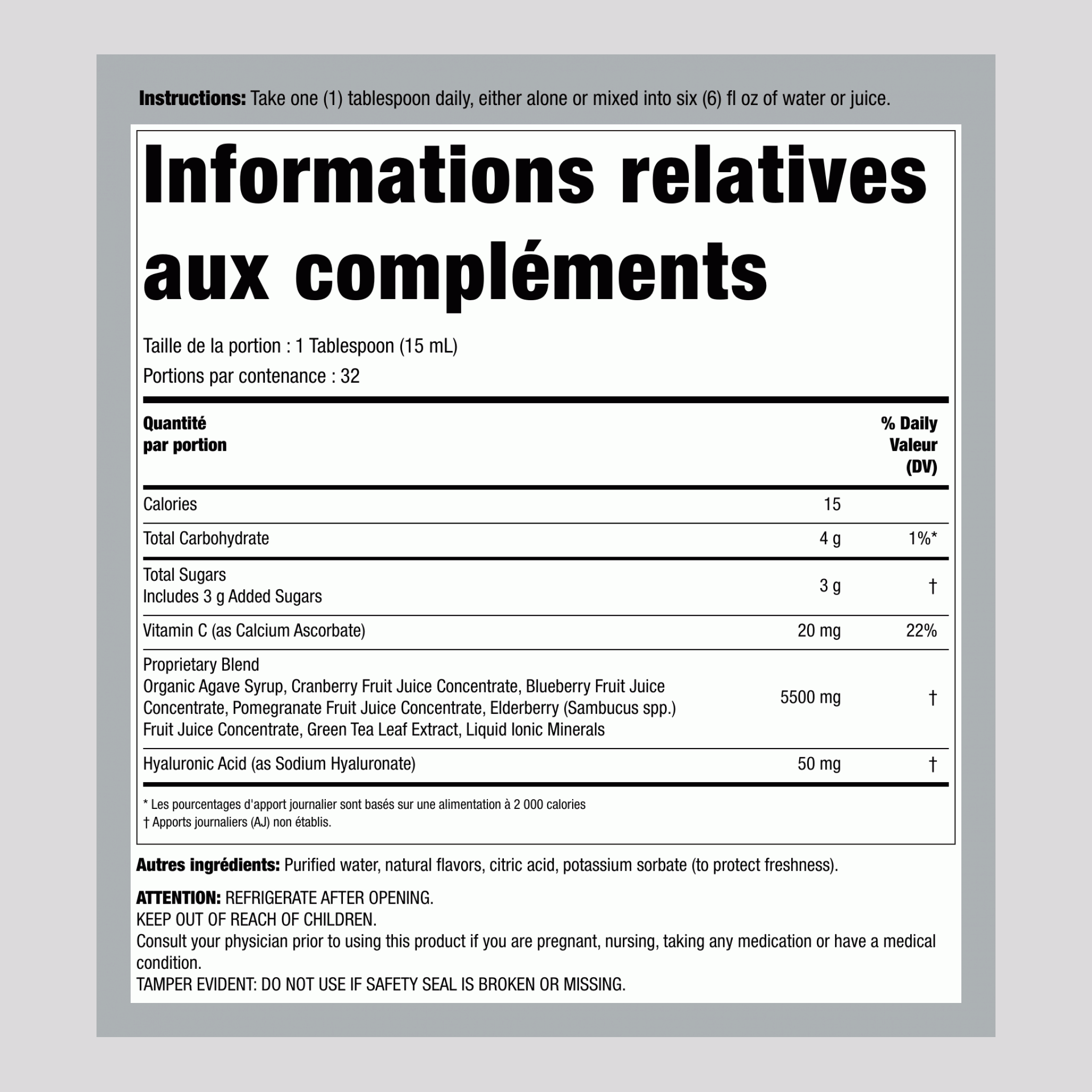 Acide Hyaluronique 100 mg plus C, Saveur Myrtille Liquide, Bouteille de 16 fl oz (473 mL)