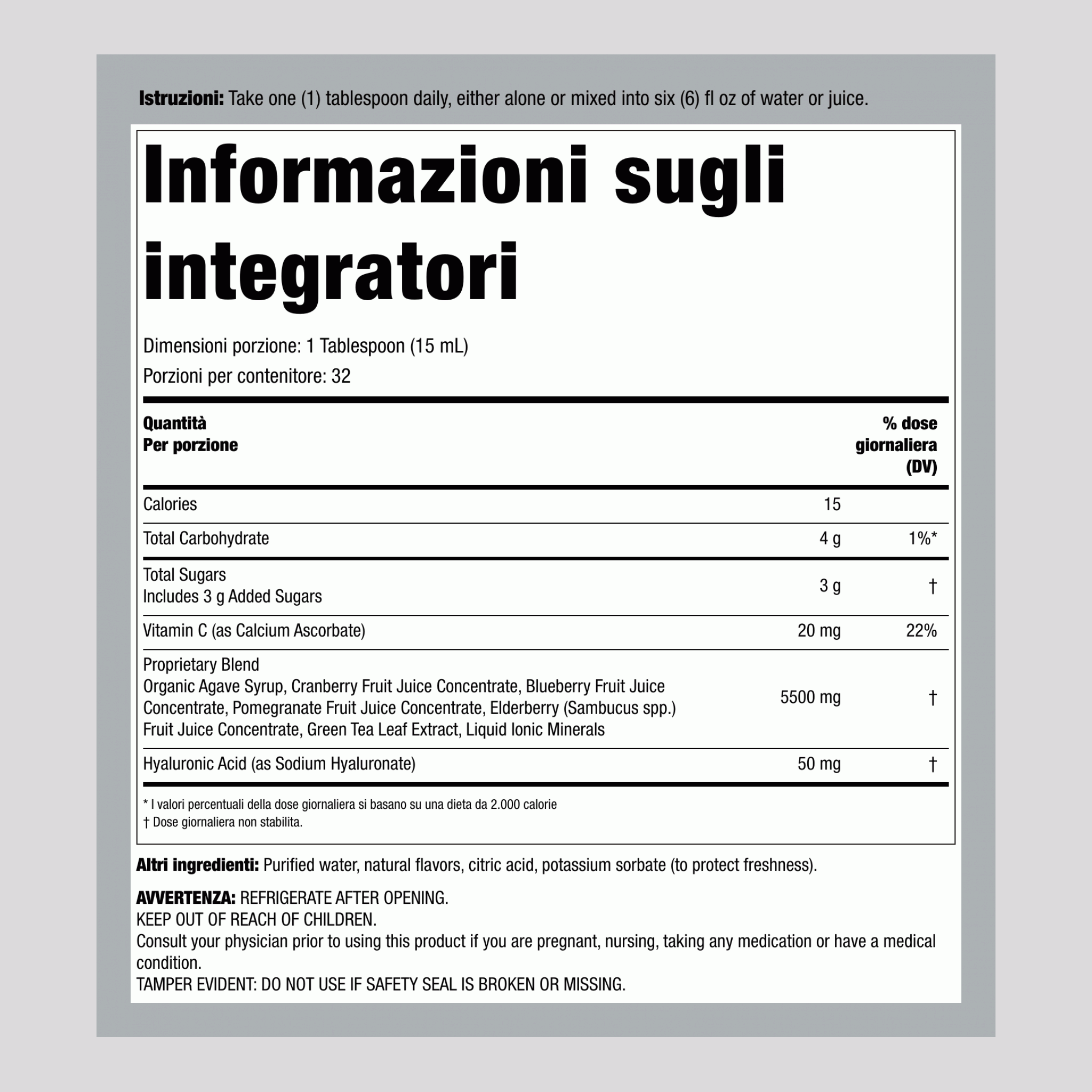 Acido Ialuronico 100 mg più C Liquido al Gusto di Mirtillo, Bottiglia da 16 fl oz (473 mL)