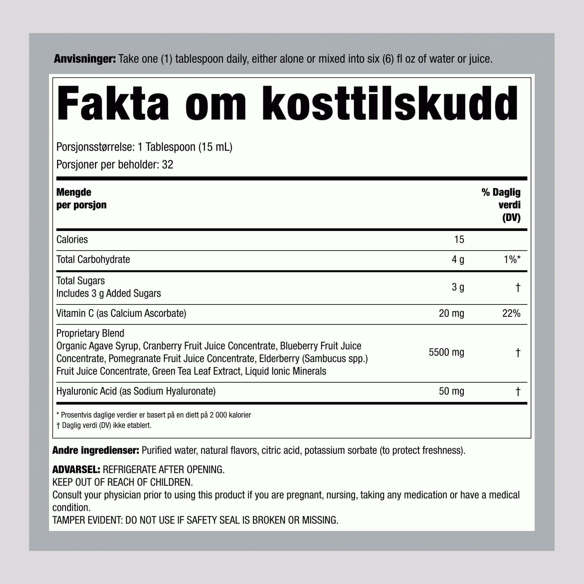 Hyaluronsyre 100 mg pluss C flytende blåbærsmak, 16 fl oz (473 mL) flaske