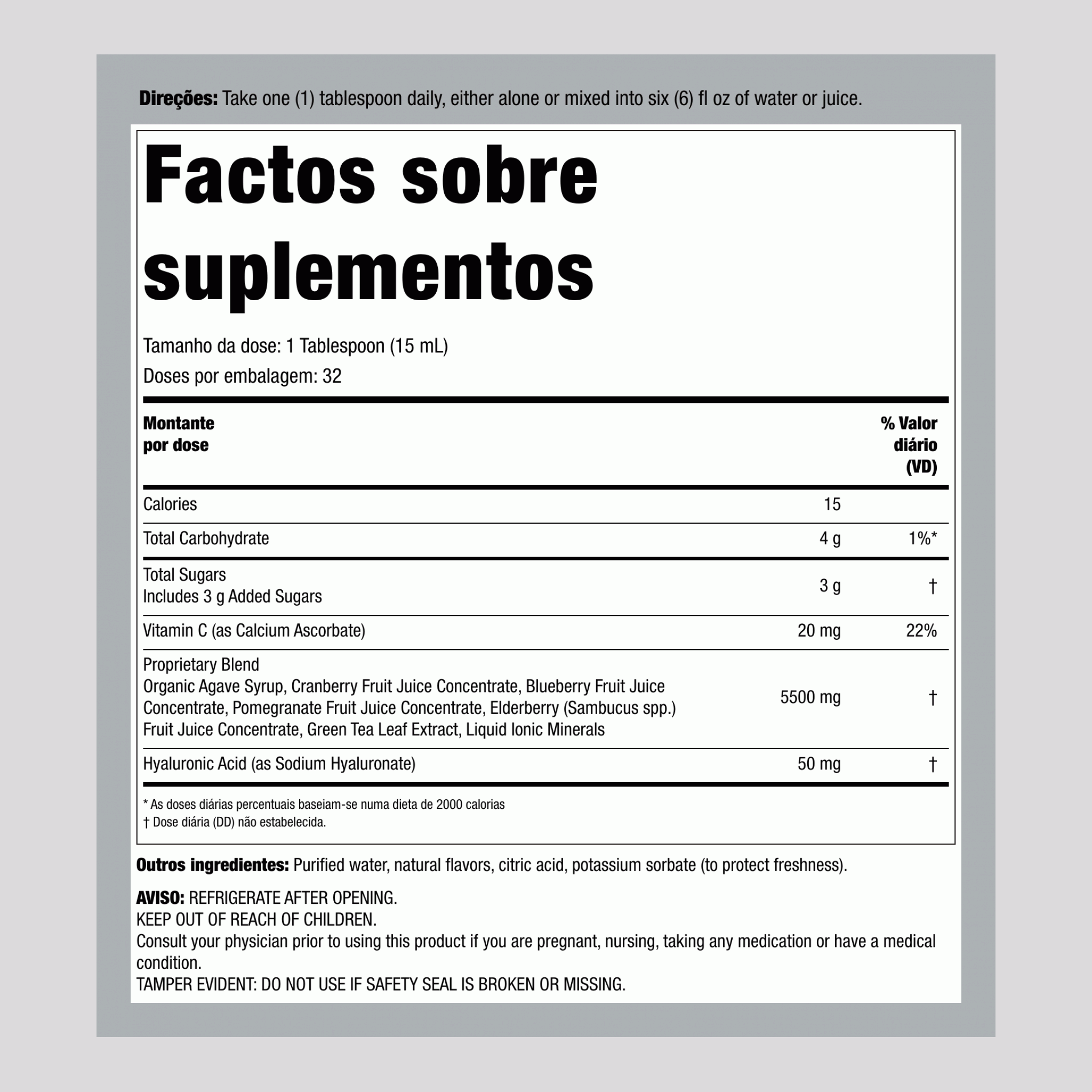 Ácido Hialurônico 100 mg mais C Líquido Sabor Mirtilo, Garrafa de 473 mL (16 fl oz)