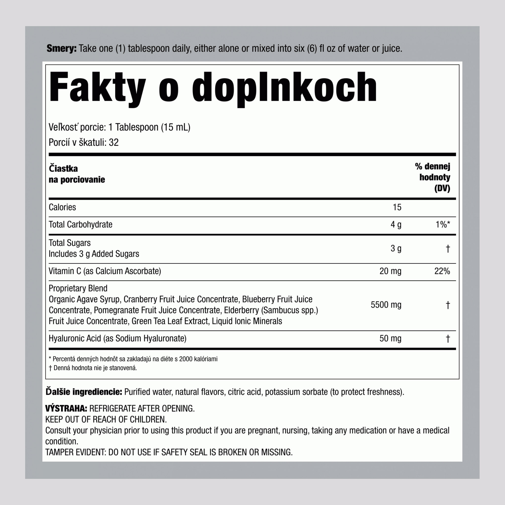Kyselina hyalurónová 100 mg plus C tekutina s príchuťou čučoriedky, 16 fl oz (473 mL) fľaša