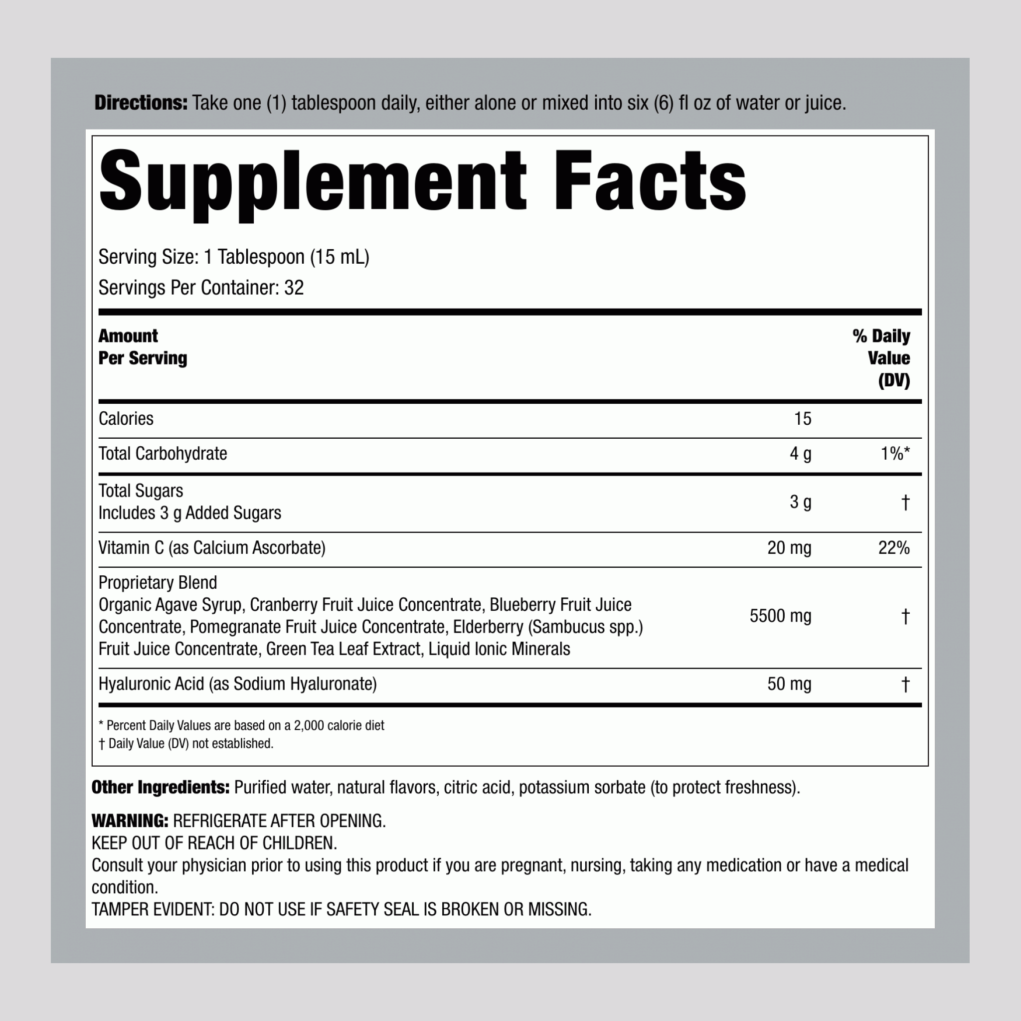 玻尿酸 100 毫克加 C 液體藍莓味，16 液盎司（473 毫升）瓶裝