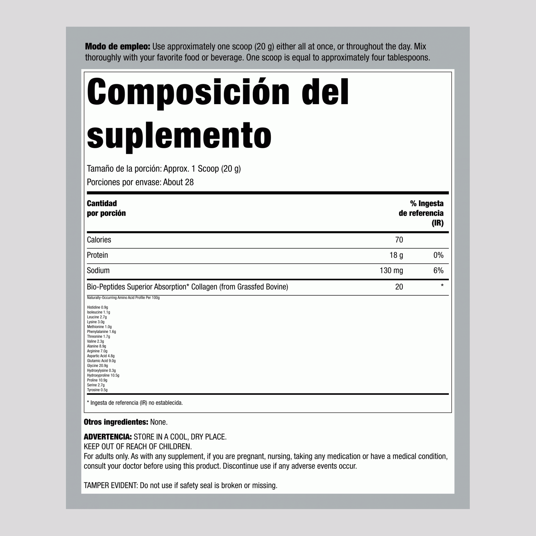 Bio-Péptidos de Colágeno Alimentado con Pasto, 20 oz (567 g) de Polvo