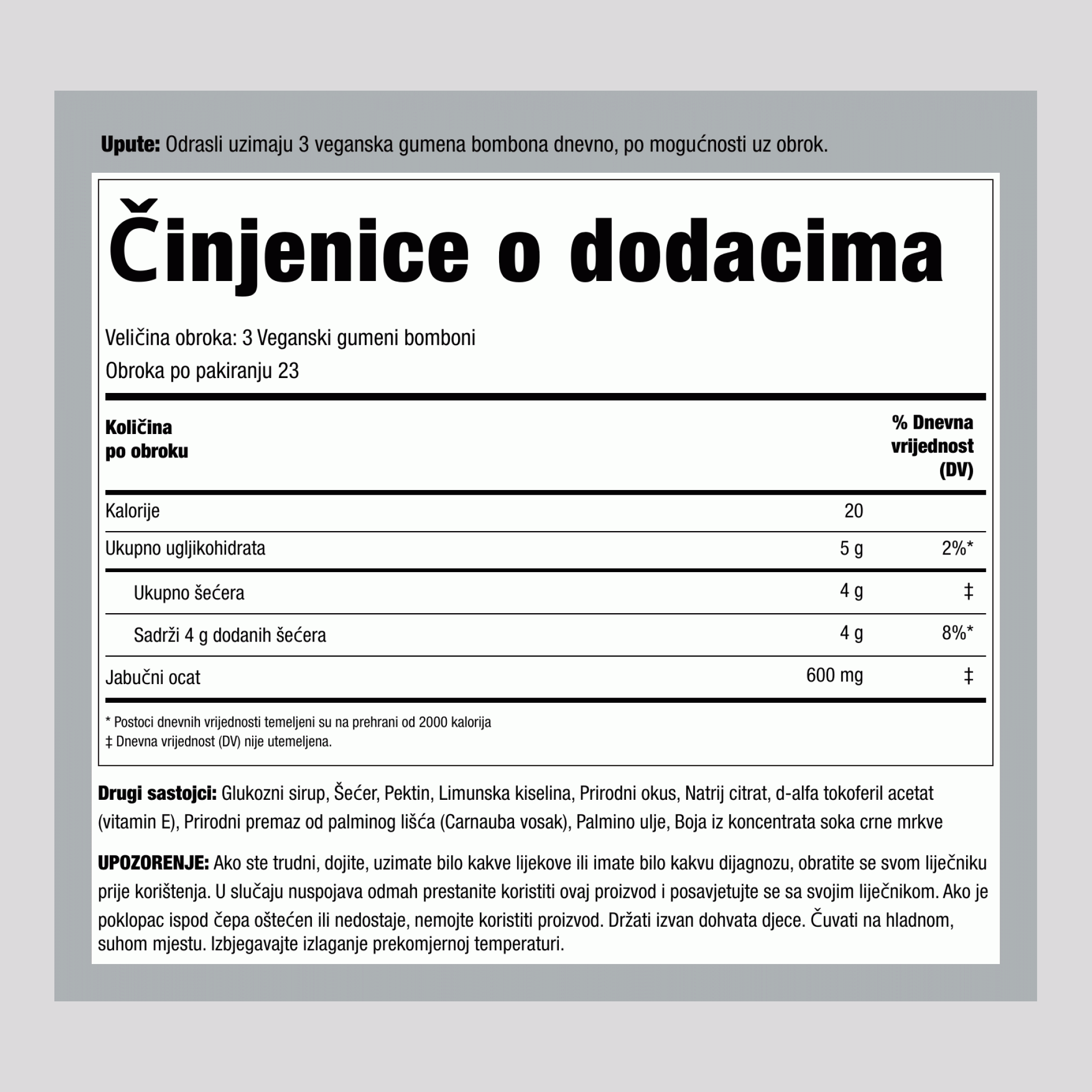 Jabučni ocat (Ukusan jabuka), 600 mg (po obroku), 75 gumenjaka