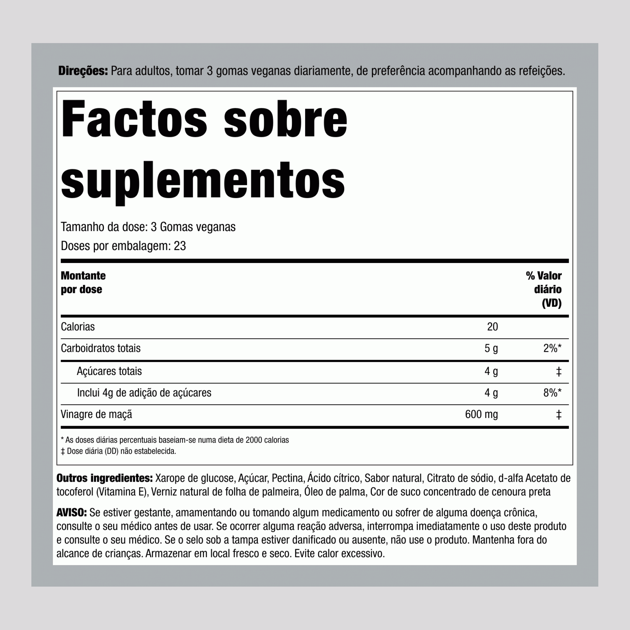 Vinagre de Maçã (Delicioso Sabor de Maçã), 600 mg (por porção), 75 Gomas