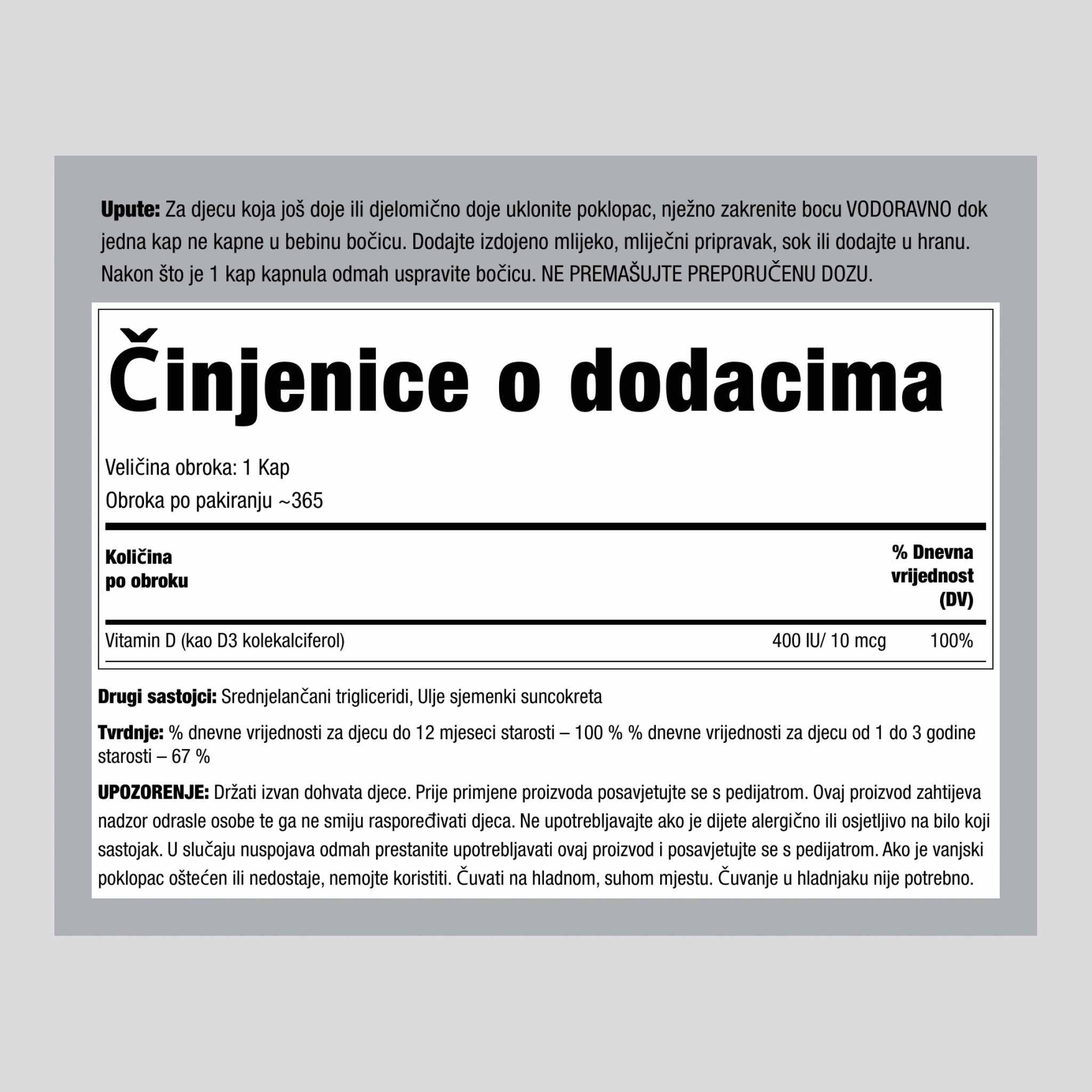 Baby D3 kapi tekućeg vitamina D 400 IU, 9,2 mL (0,31 fl oz) bočica s kapaljkom