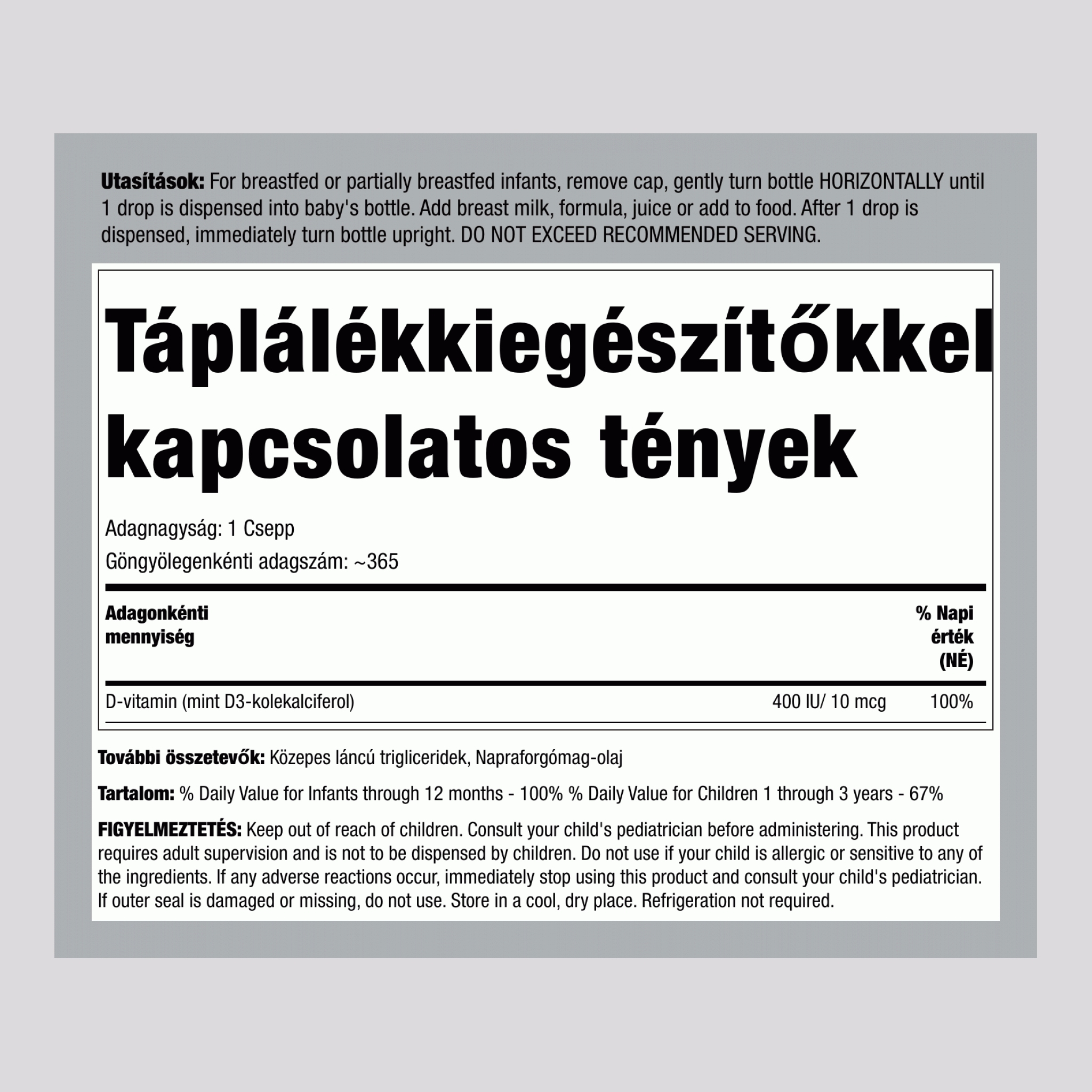 Baby D3 Cseppek Folyékony D-vitamin 400 NE, 9,2 mL (0,31 fl oz) Cseppentő Üveg