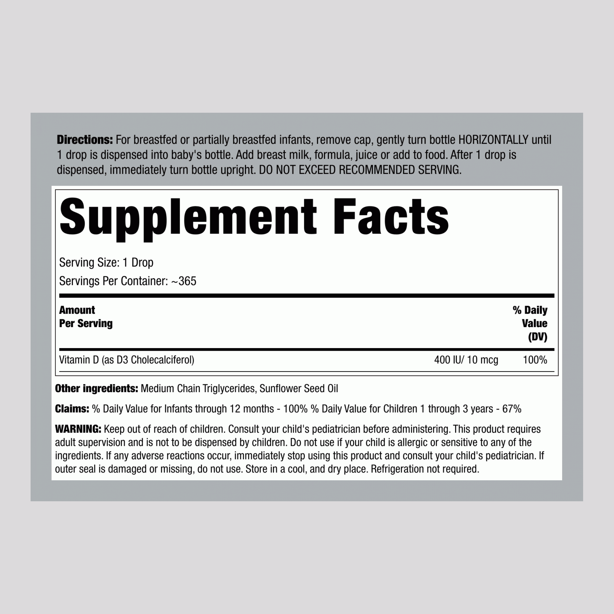 嬰兒D3滴劑 液體維生素D 400 IU, 9.2 mL (0.31 fl oz) 滴管瓶