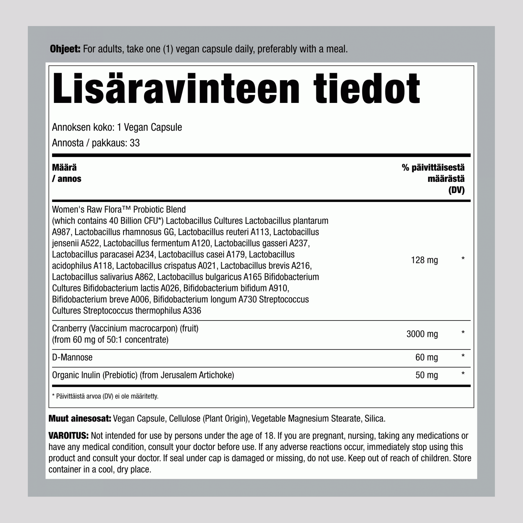 Naisten Probiotic-18 40 Miljardia, 33 Vegaanikapselia