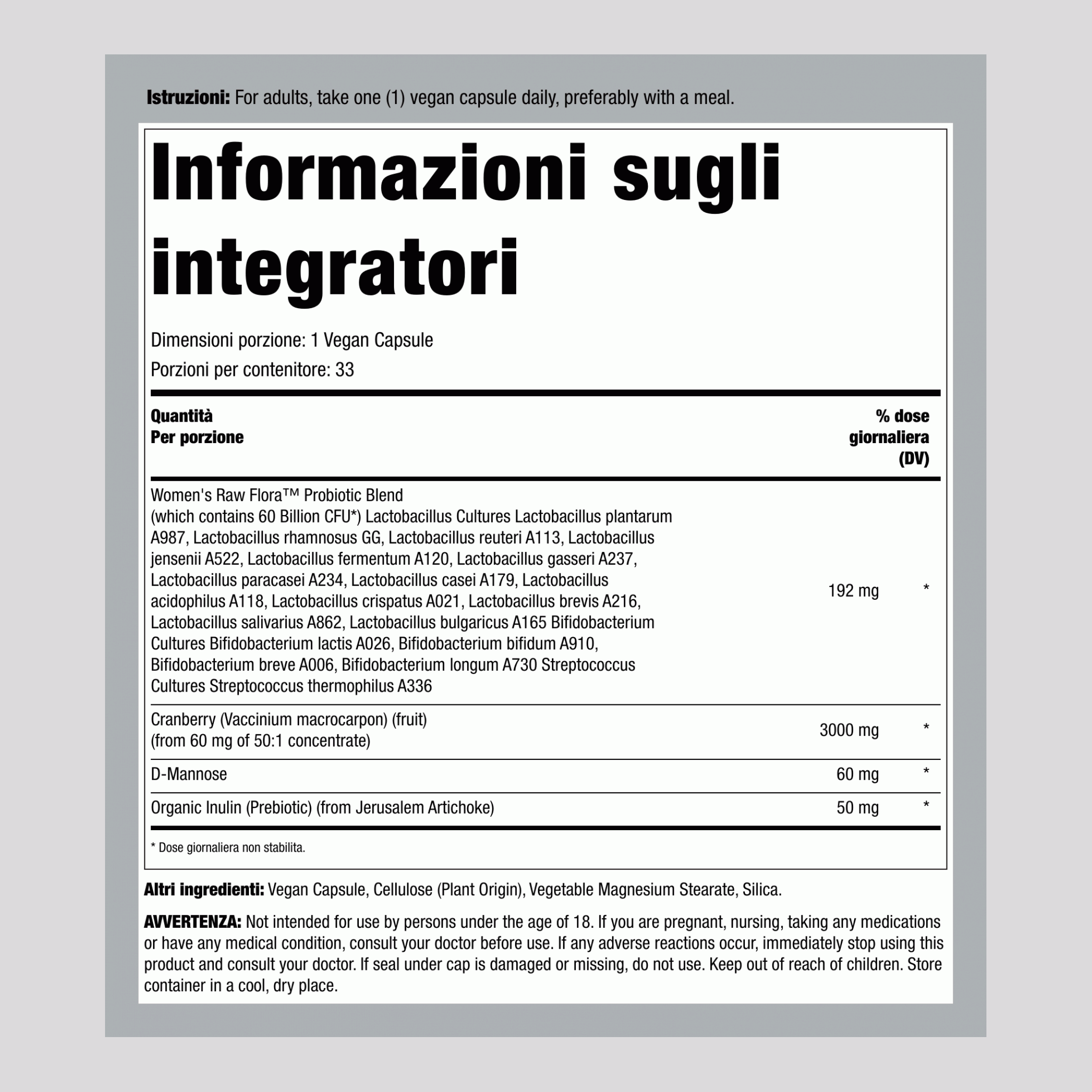 Probiotico Cura Donna-18 da 60 Miliardi, 33 Capsule Vegane