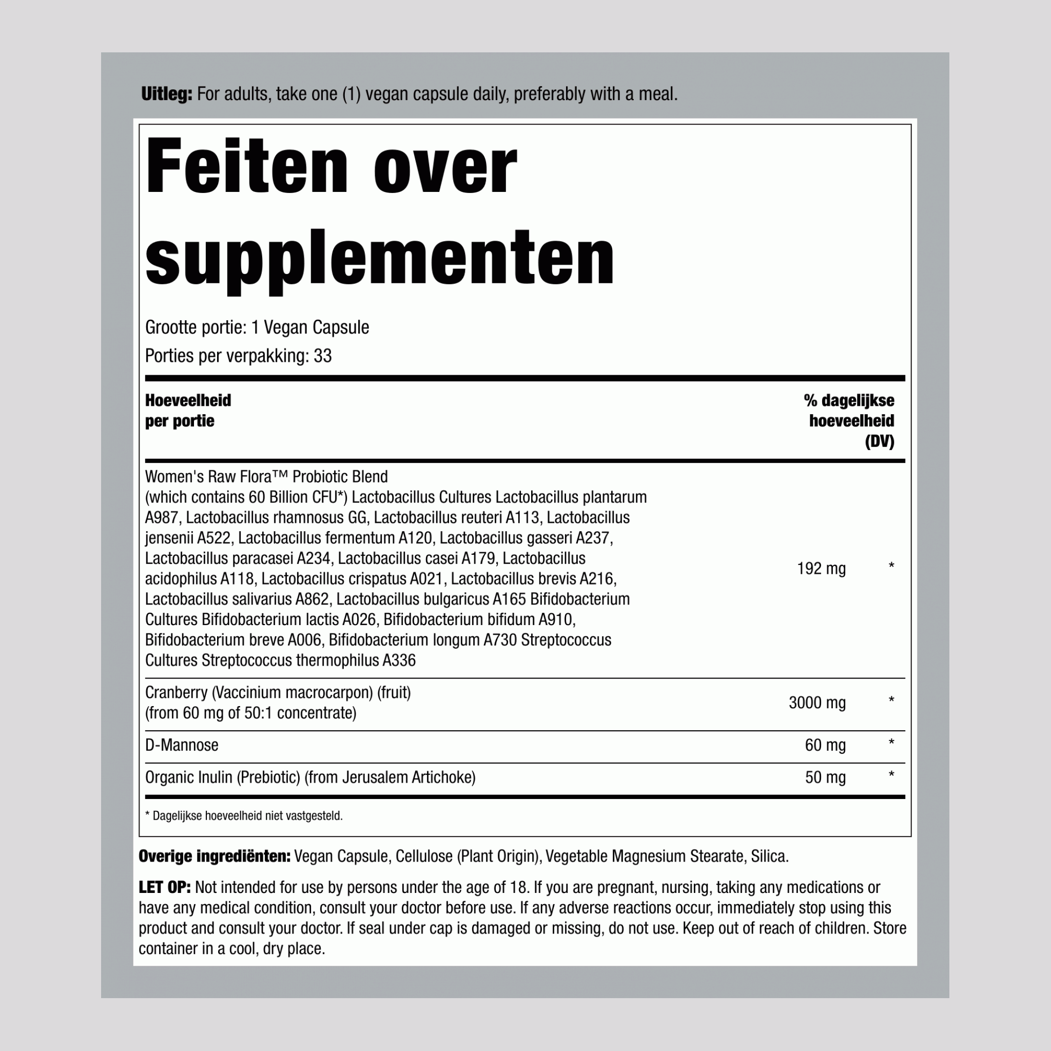 Probiotica voor Vrouwen - 18 Soorten, 60 Miljard, 33 Veganistische Capsules