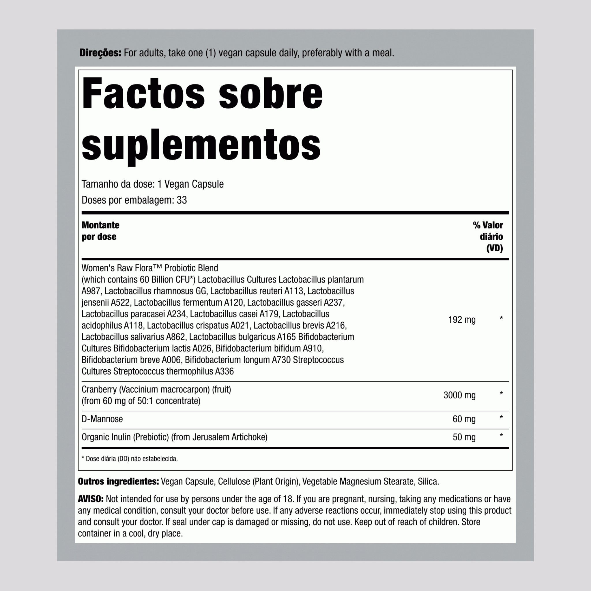 Probiótico para Saúde da Mulher-18 60 Bilhões, 33 Cápsulas Veganas