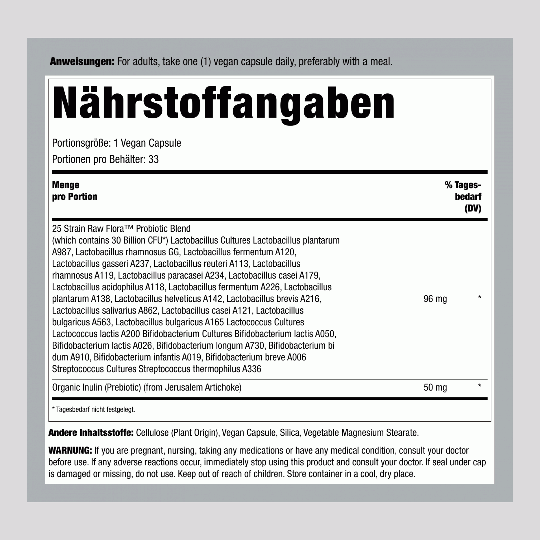 Probiotikum-25 30 Milliarden plus Präbiotikum, 33 vegane Kapseln
