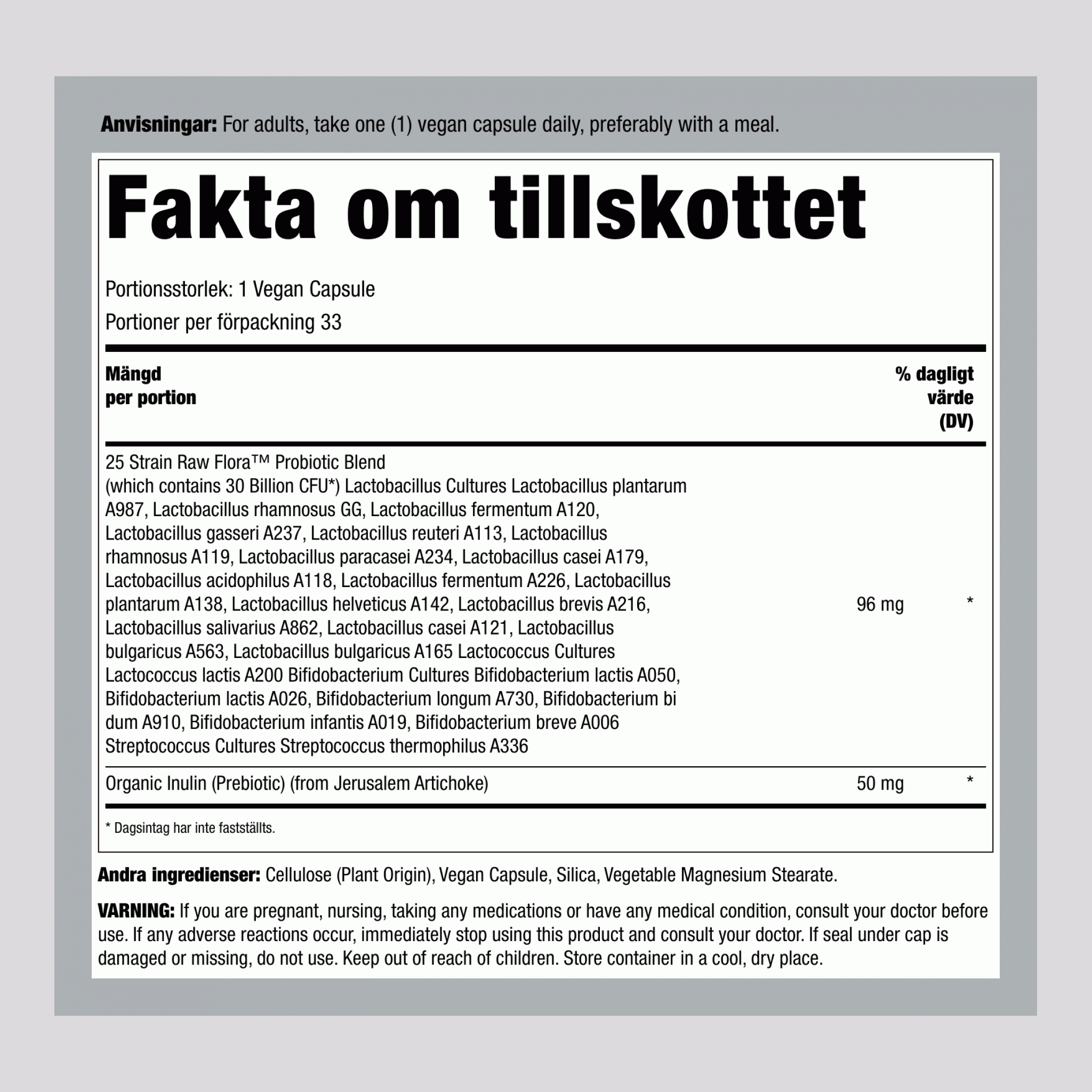 Probiotika-25 30 miljarder plus prebiotika, 33 vegankapslar