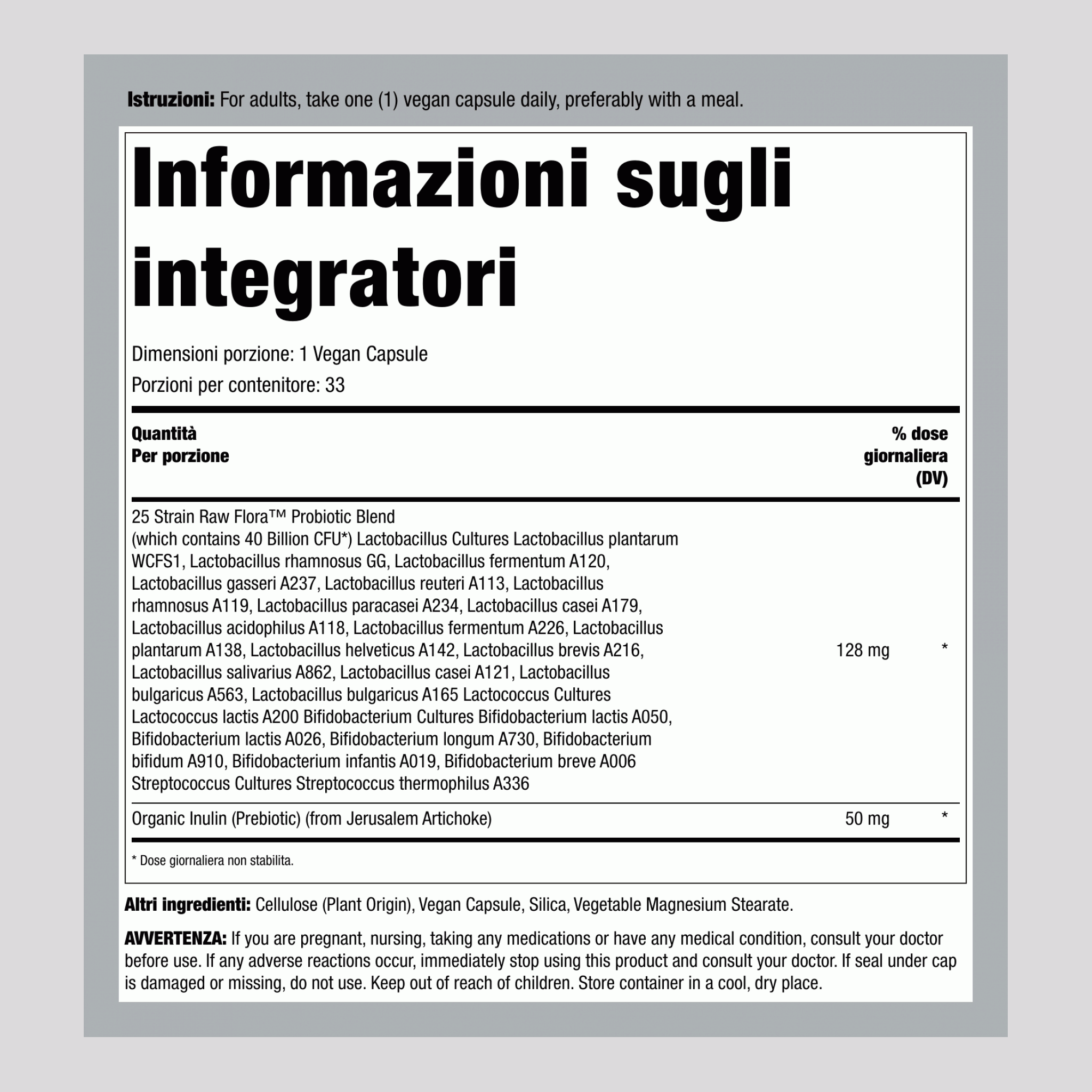Probiotico-25 40 Miliardi con Prebiotico, 33 Capsule Vegane