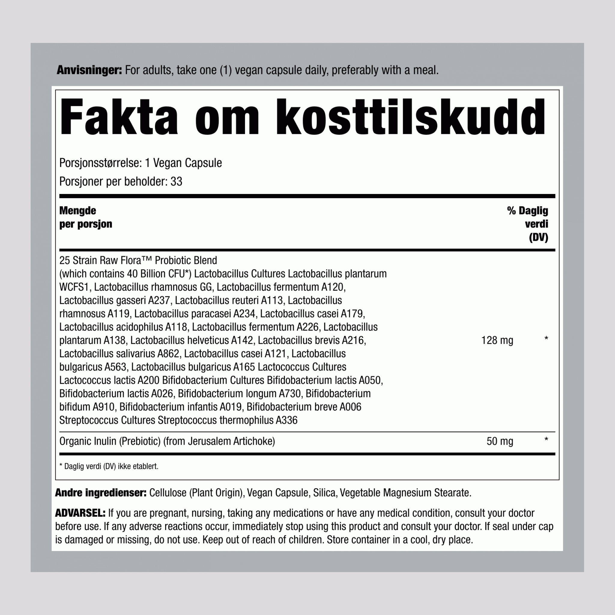 Probiotic-25 40 milliarder pluss prebiotika, 33 veganske kapsler