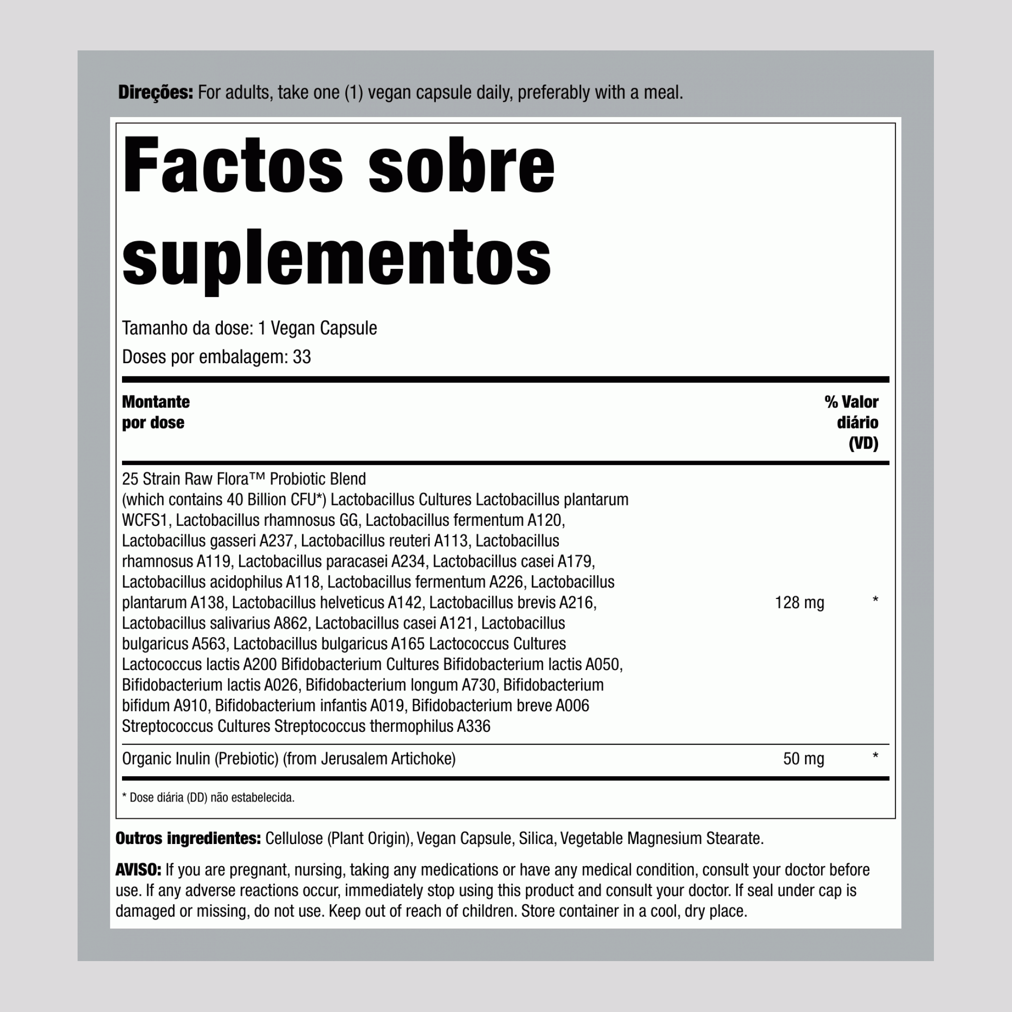 Probiótico-25 40 Bilhões mais Prebiótico, 33 Cápsulas Veganas