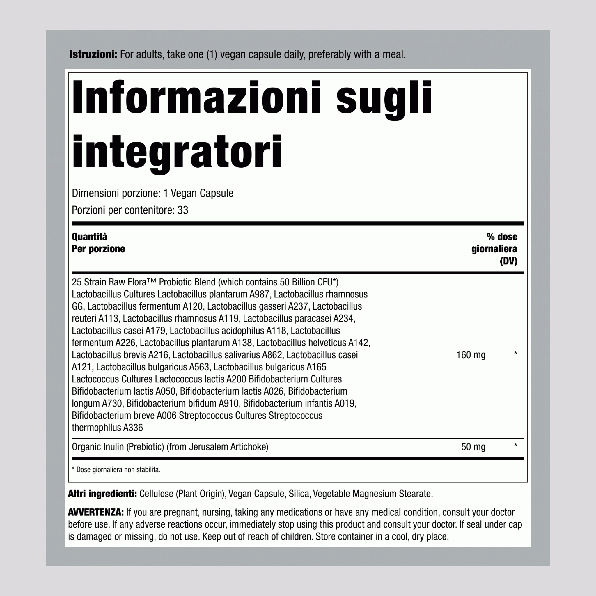 Probiotico-25 50 Miliardi più Prebiotico, 33 Capsule Vegane