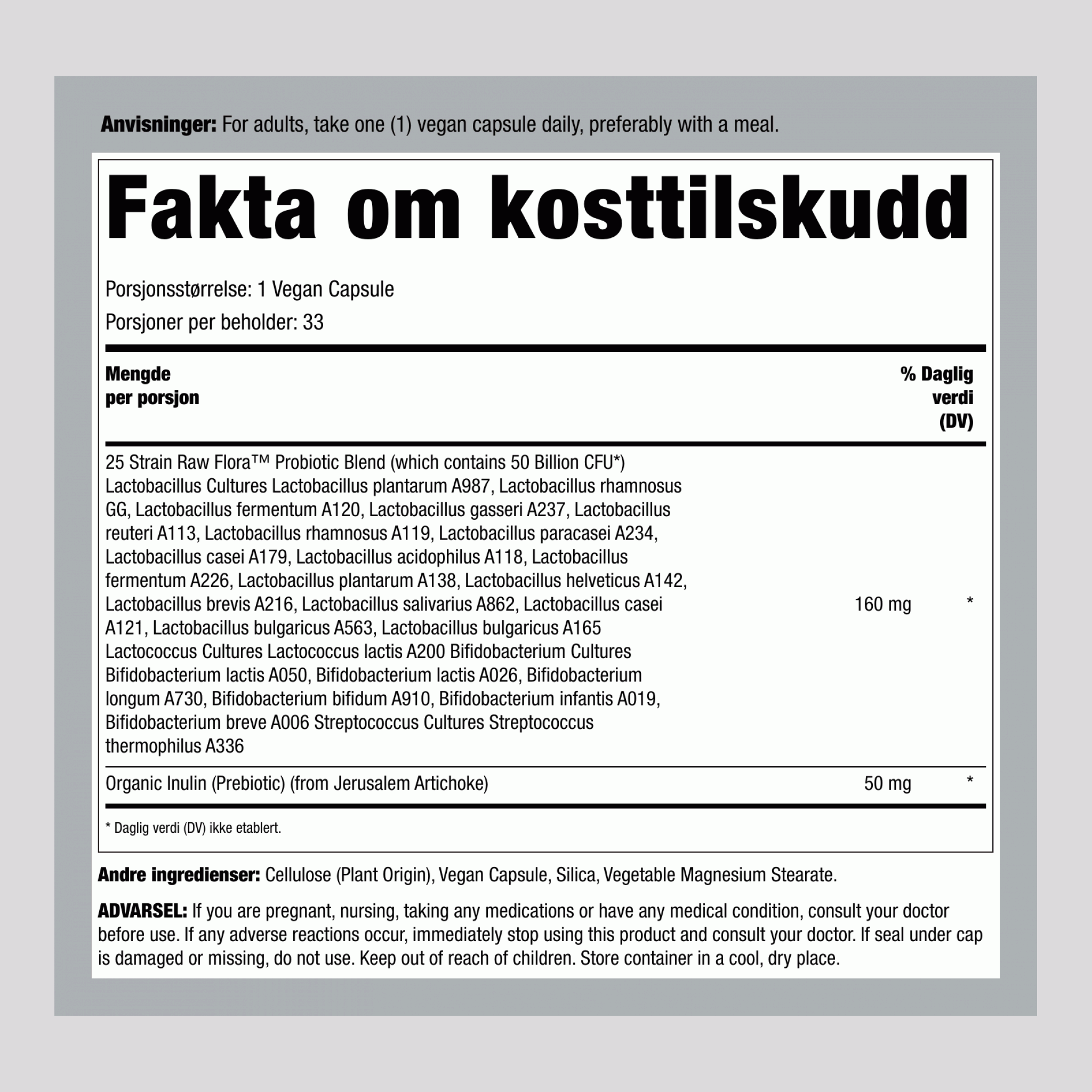 Probiotika-25 50 Milliarder pluss Prebiotika, 33 Veganske Kapsler