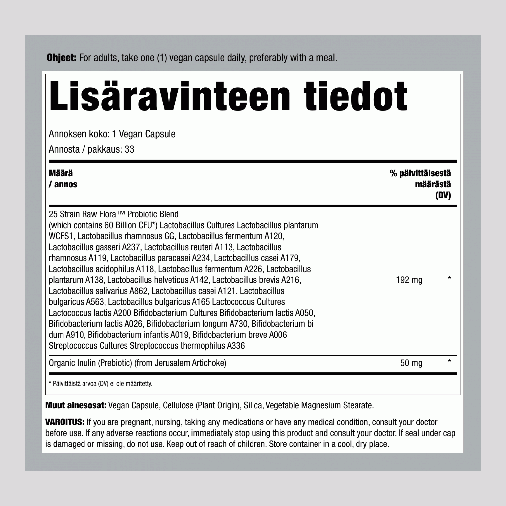 Probiootti 25 kantaa 60 miljardia plus prebiootti, 33 vegaanikapselia