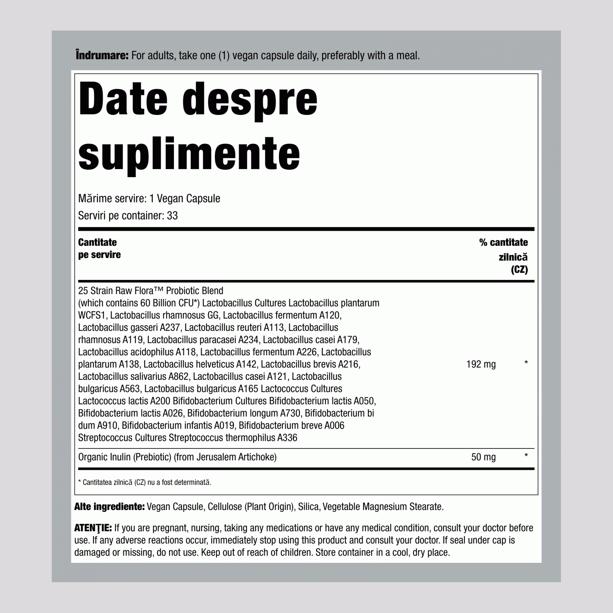 Probiotice 25 de tulpini 60 de miliarde plus prebiotic, 33 capsule vegane