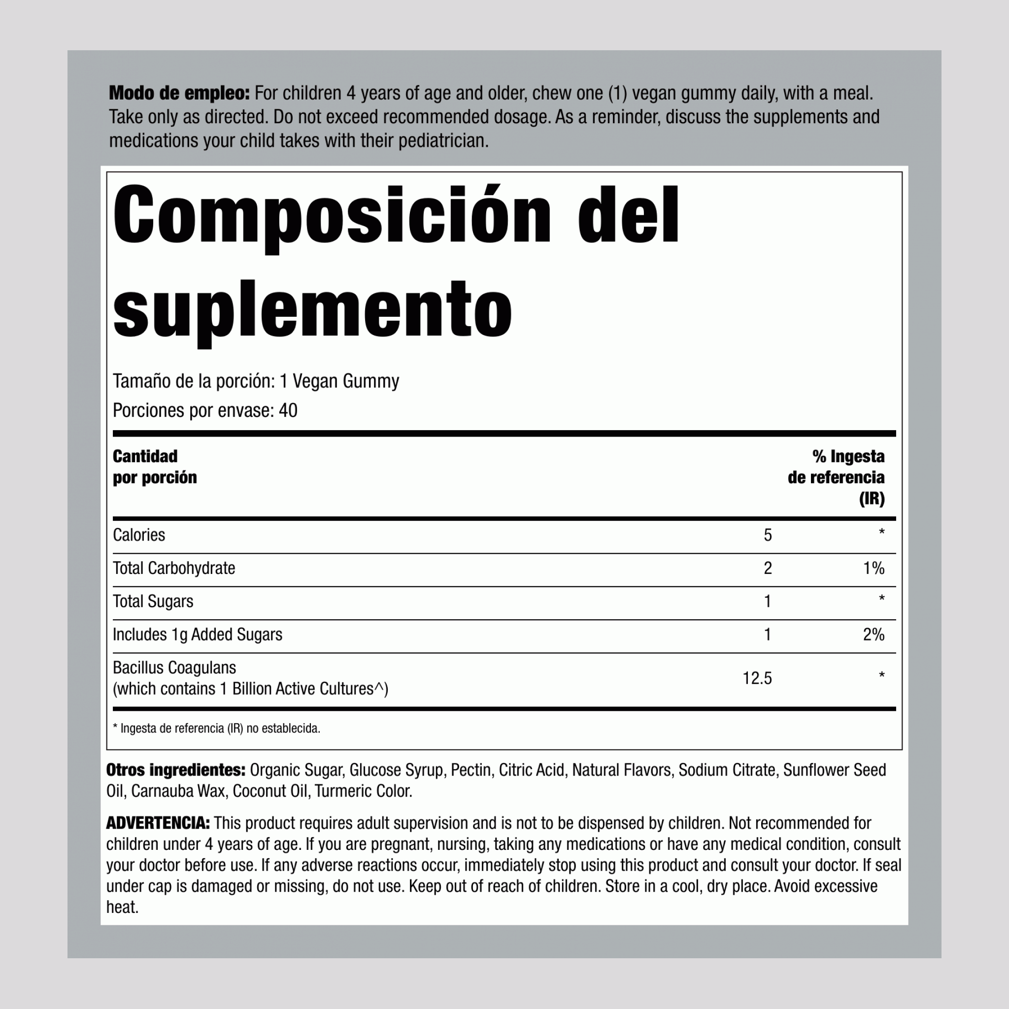 Gomitas Probioticas para Niños, 1 Billón de UFC, 40 Gomitas Veganas