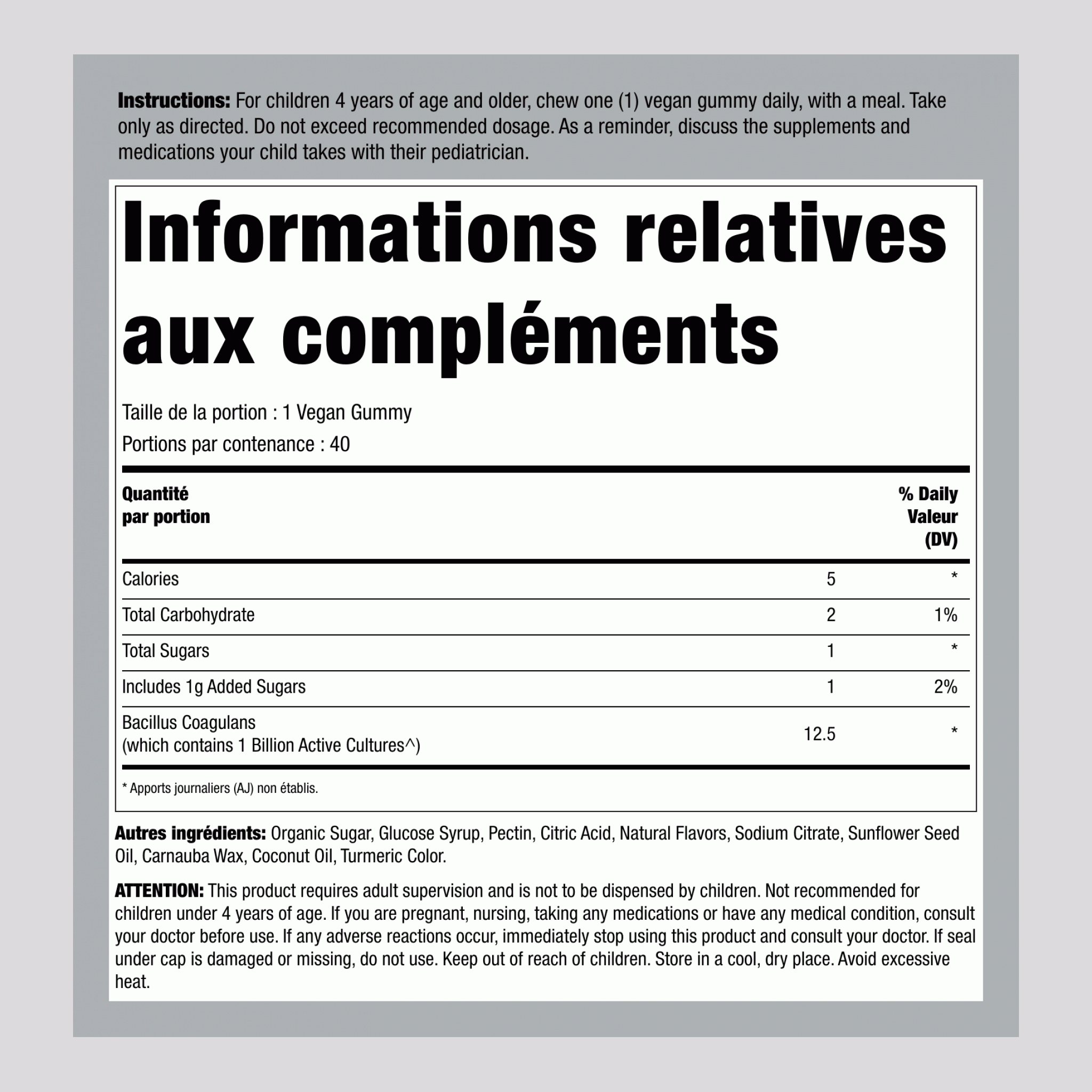 Gomme Probiotique pour Enfants, 1 Milliard de CFU, 40 Gommes Véganes