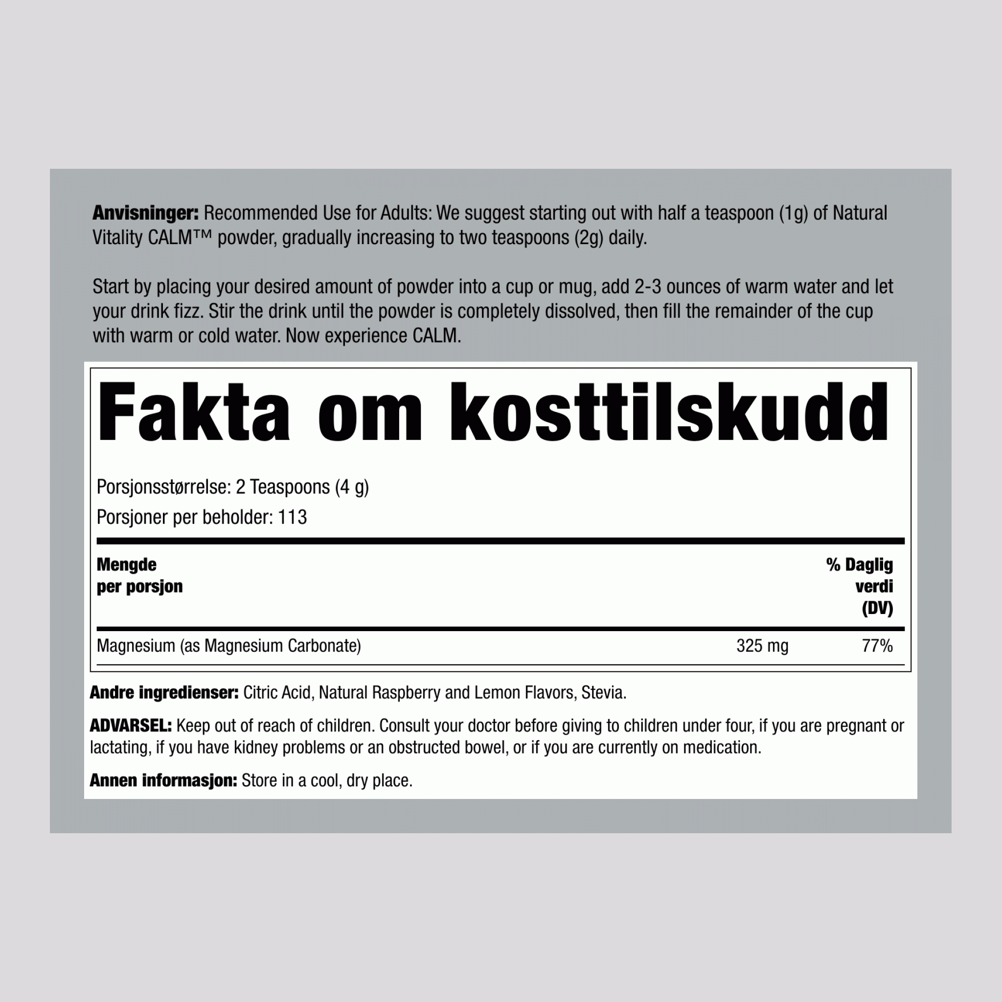 CALM Pulver Bringebær-Sitron, 16 oz (453 g)