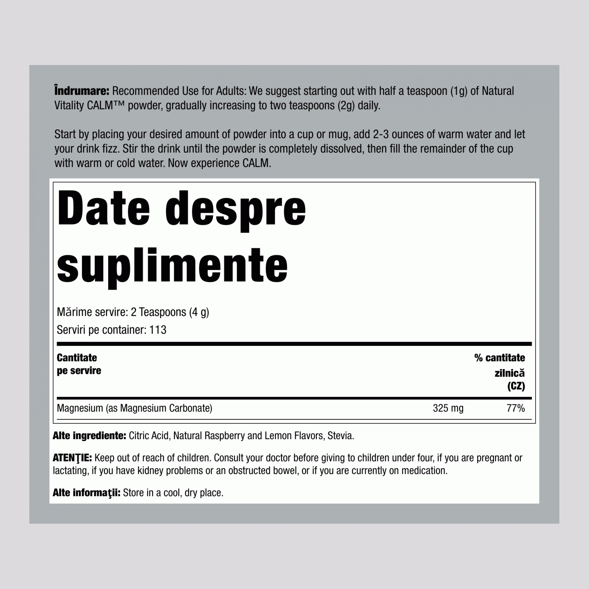 Pulbere CALM Zmeură-Lămâie, 16 oz (453 g)