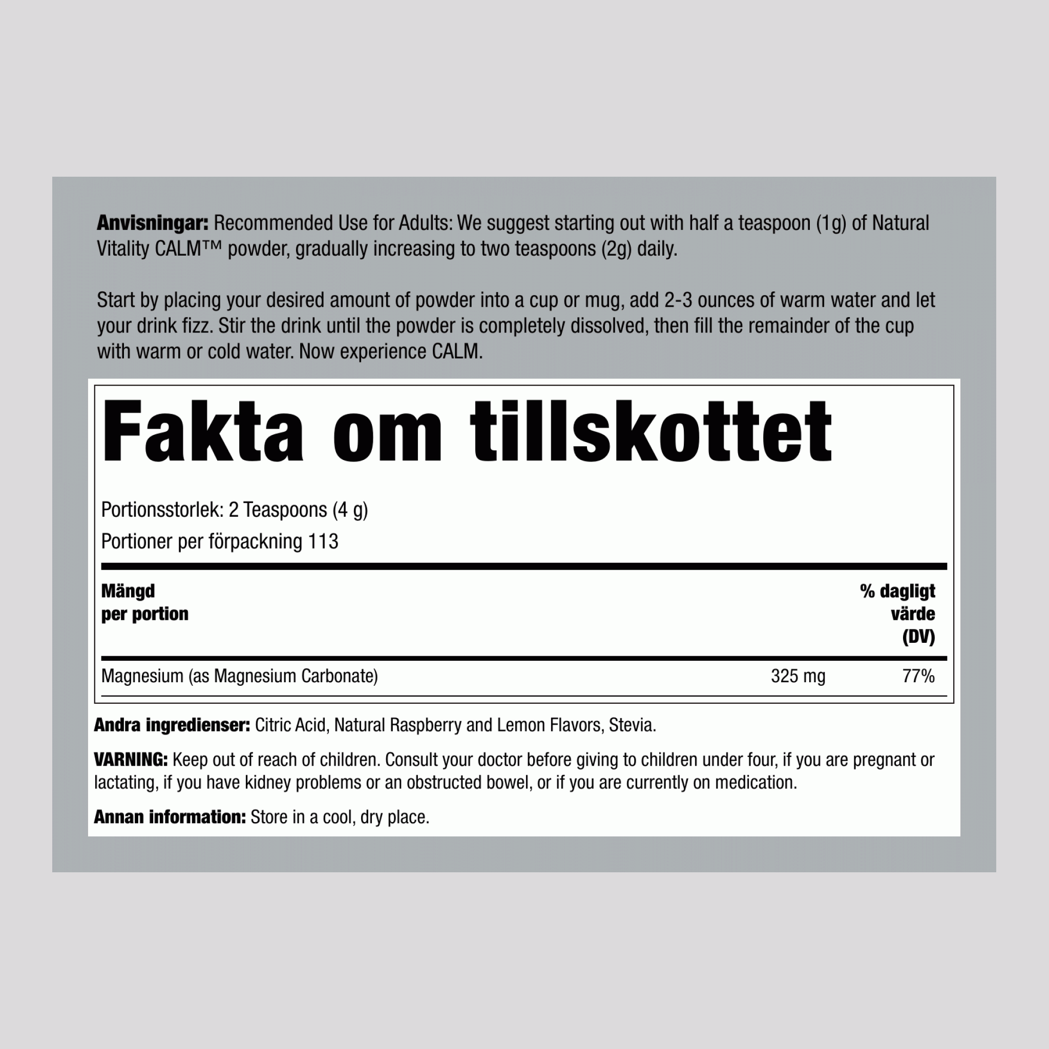 CALM-pulver Hallon-Citron, 16 oz (453 g)