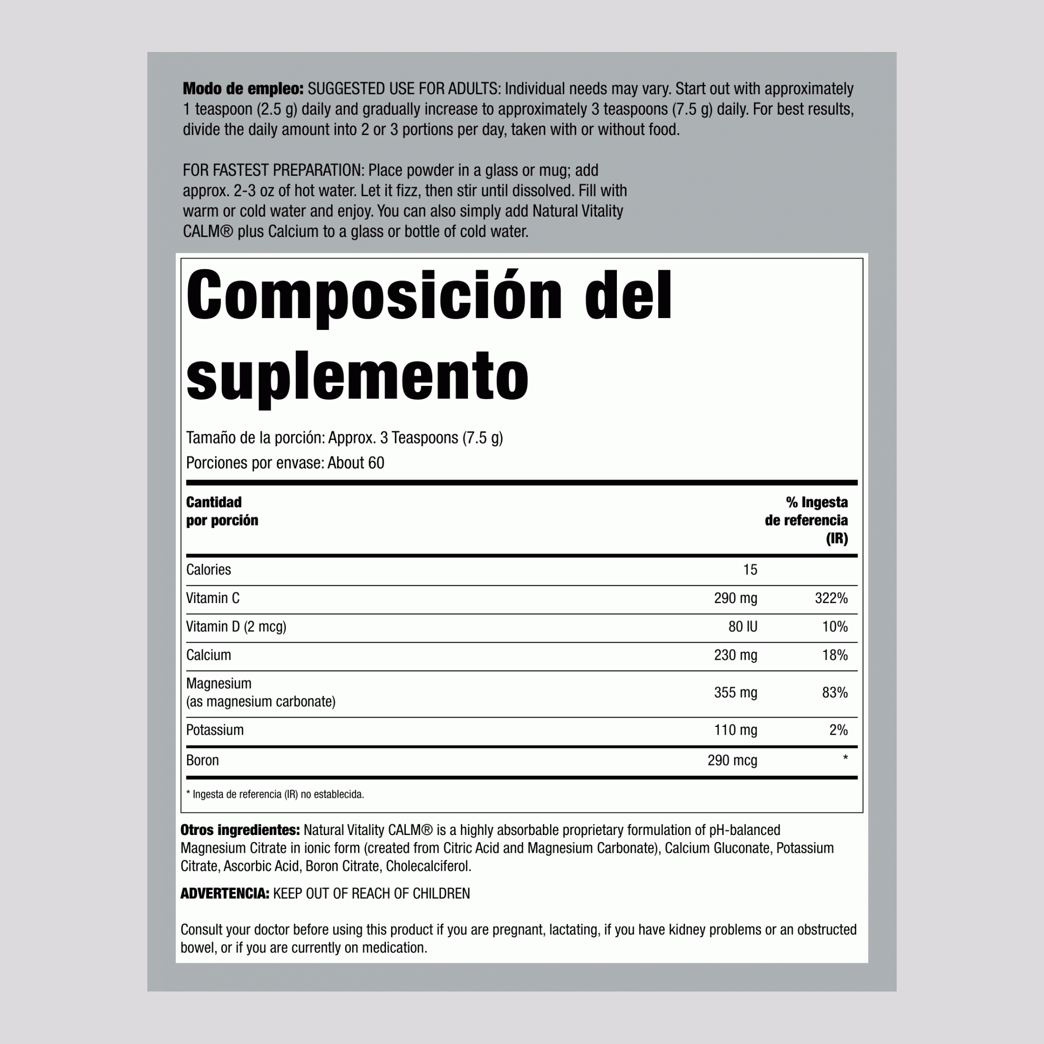 Polvo CALM más Calcio sin sabor, 16 oz (453 g)