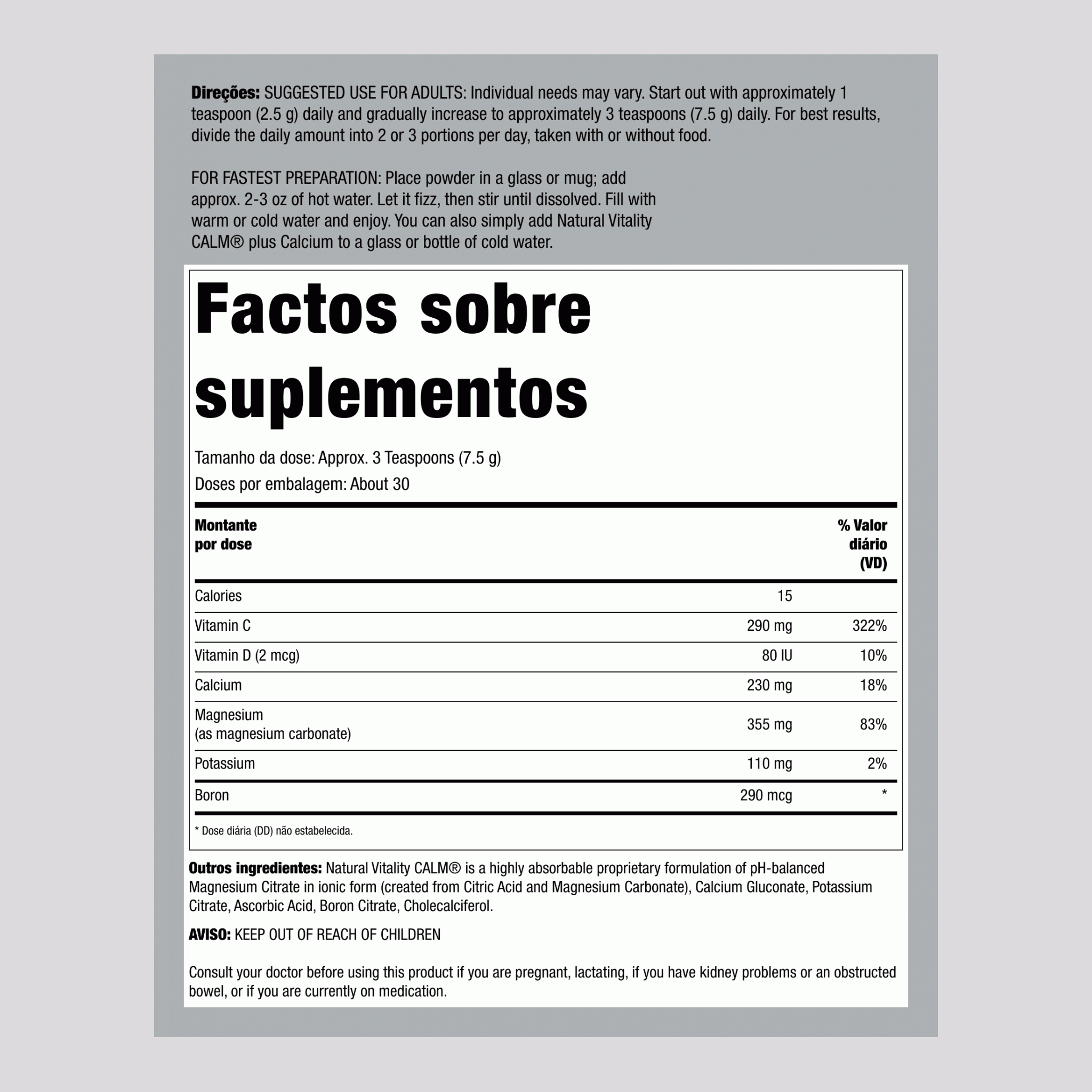 Pó CALM plus Cálcio Sem Sabor, 8 oz (227 g)